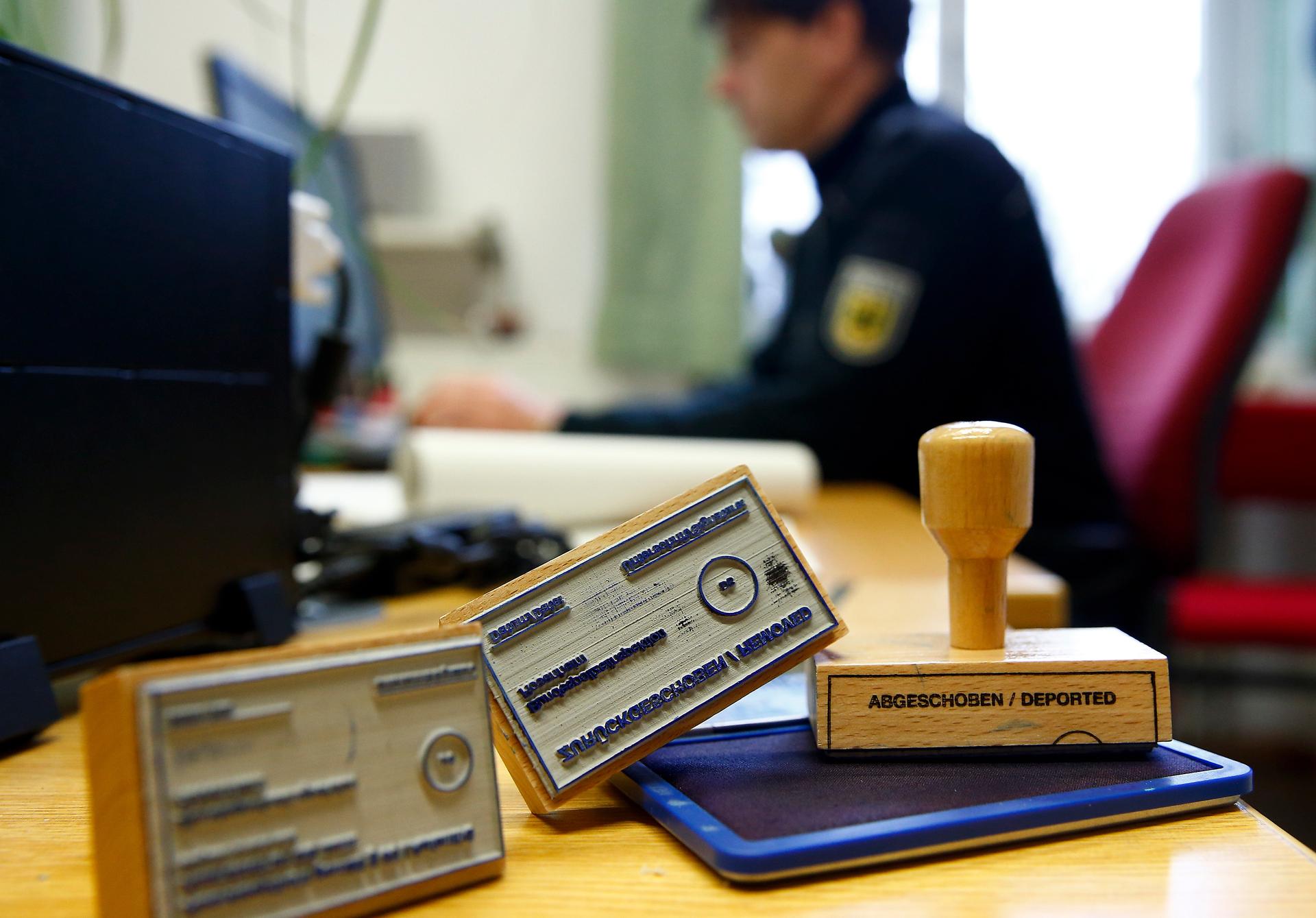 Deportation stamps used by the German federal police "Bundespolizei" to stamp ID documents of rejected asylum seekers, in Rosenheim, southern Germany.