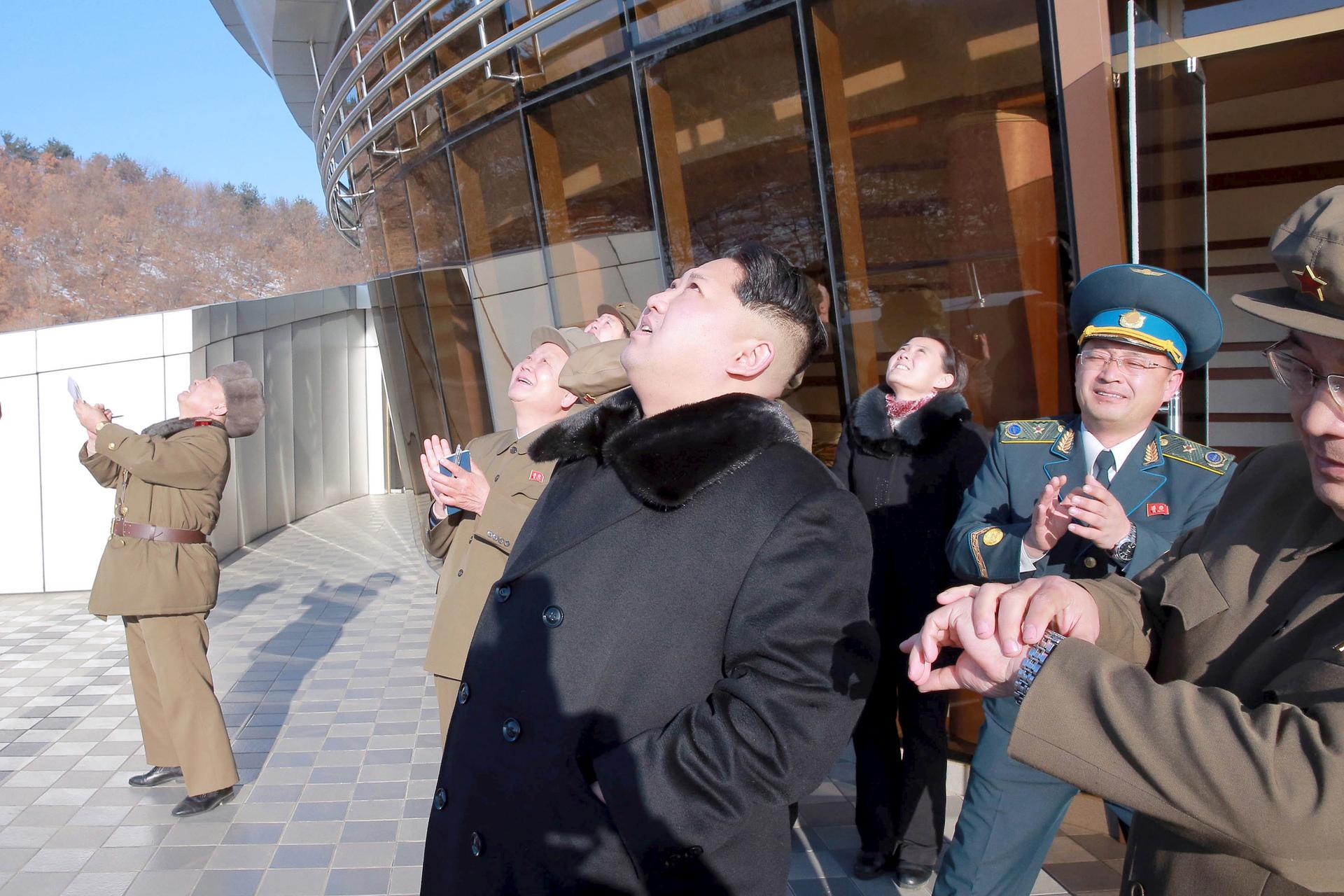 North Korean leader Kim Jong Un watches the rocket launch in an official North Korean government photo.