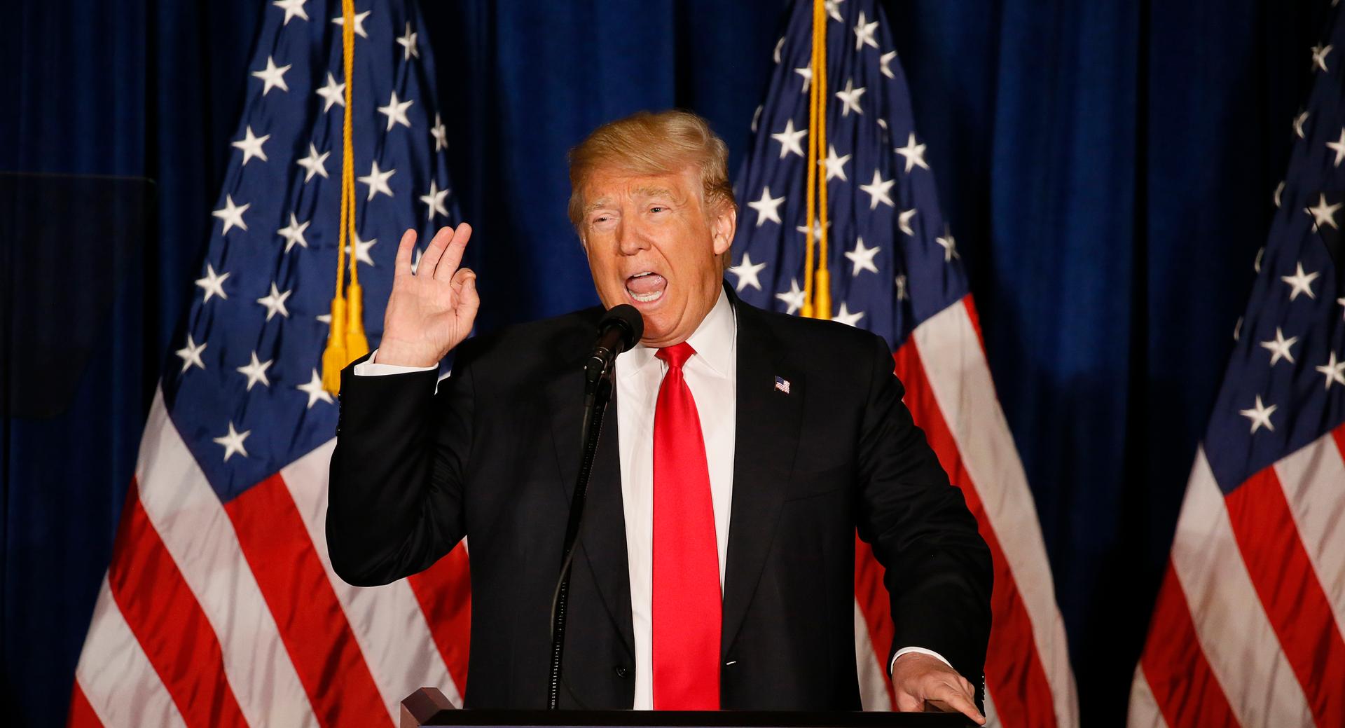 Republican US presidential candidate Donald Trump delivers a foreign policy speech at the Mayflower Hotel in Washington, United States, April 27, 2016.