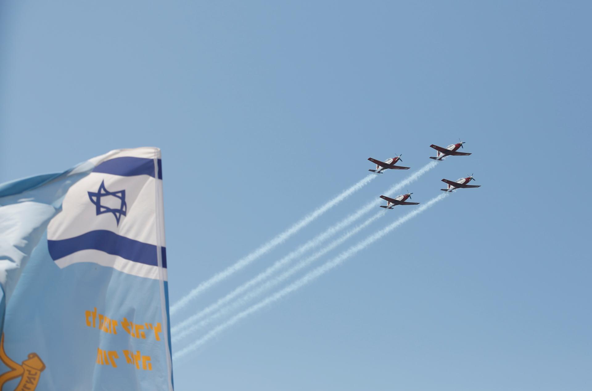 Israeli Air Force Aerobatic Team fly over the Mediterranean Sea during an aerial show as part of the celebrations for Israel's Independence Day marking the 68th anniversary of the creation of the state in Tel Aviv, Israel May 12, 2016.