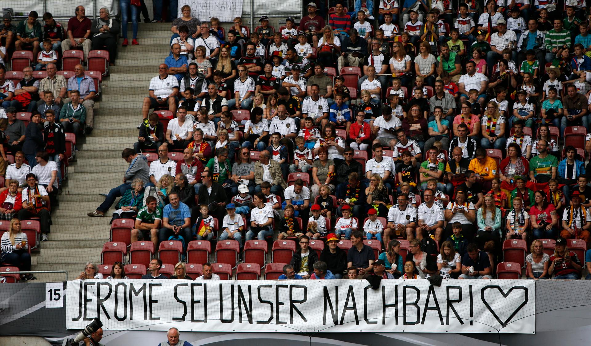 A banner reading 'Jerome, be our neighbour!' supporting Germany's Jerome Boateng is pictured before the match.