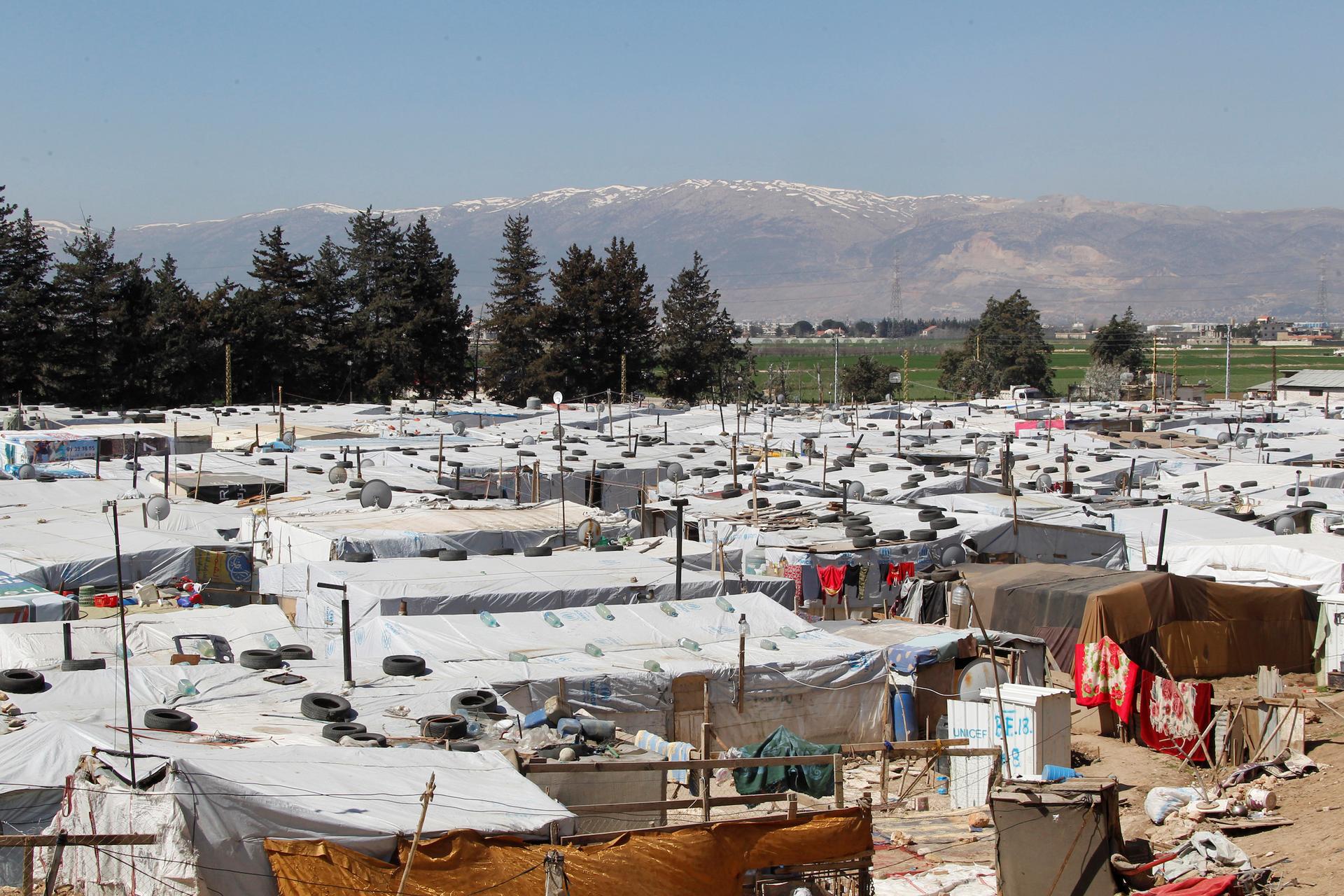 A general view shows tents for Syrian refugees at a makeshift settlement in Bar Elias, a town in the Bekaa valley, Lebanon, on March 28, 2017.