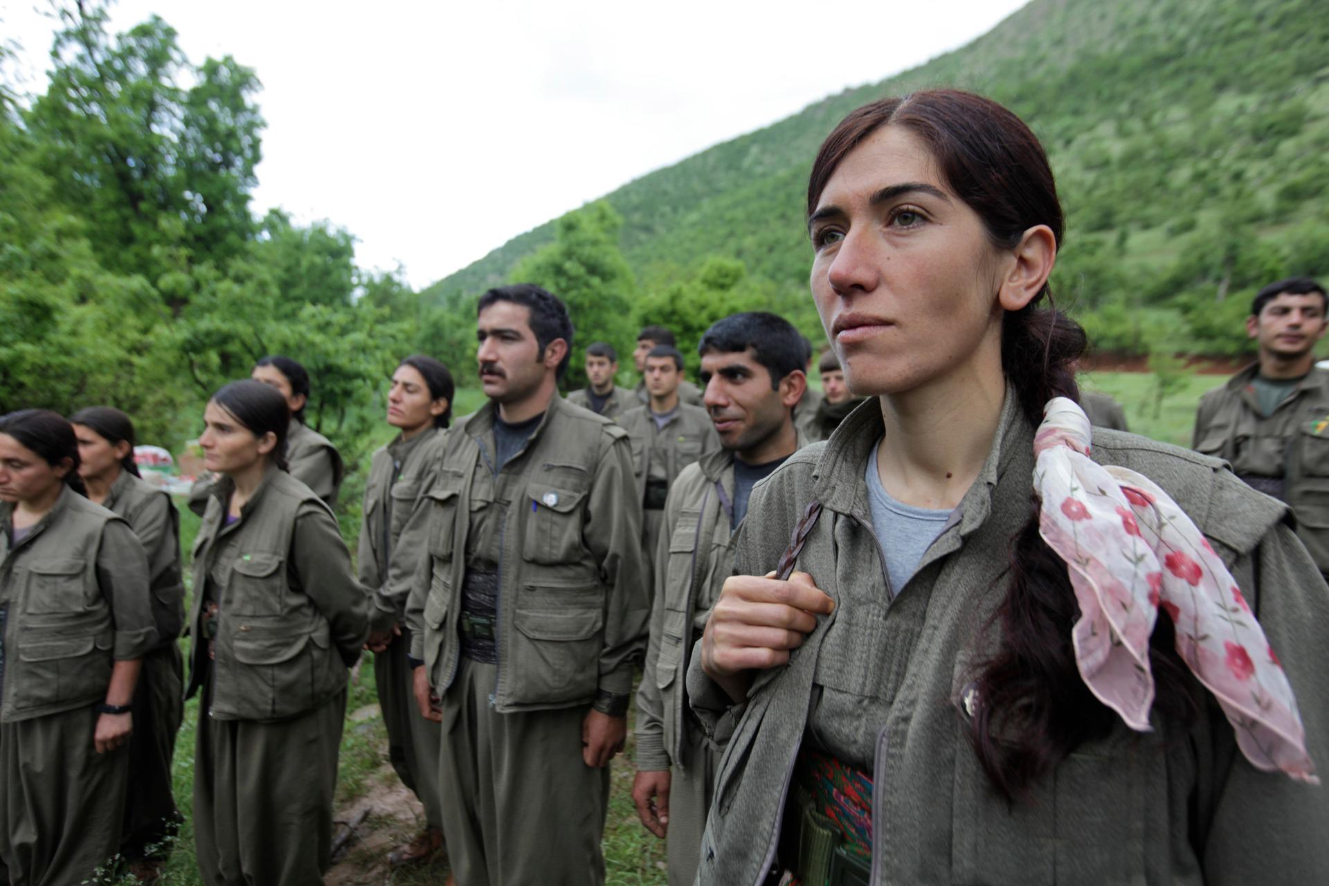 Fighters from the Kurdistan Workers Party, or PKK, stand in formation in northern Iraq on May 14, 2013.