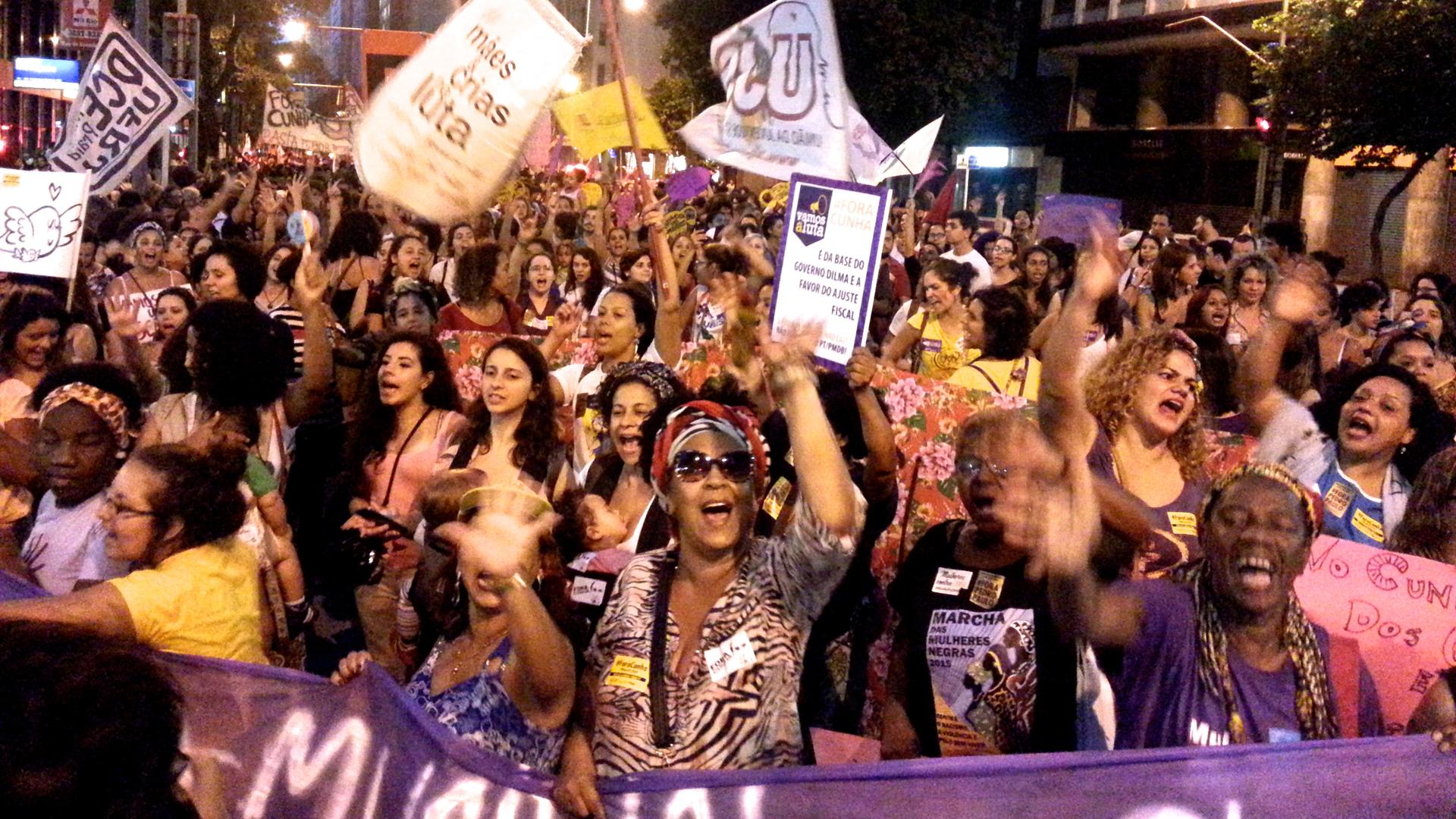 March against house speaker Eduardo Cunha's abortion bill on International Day to End Violence Against Women in Rio de Janeiro