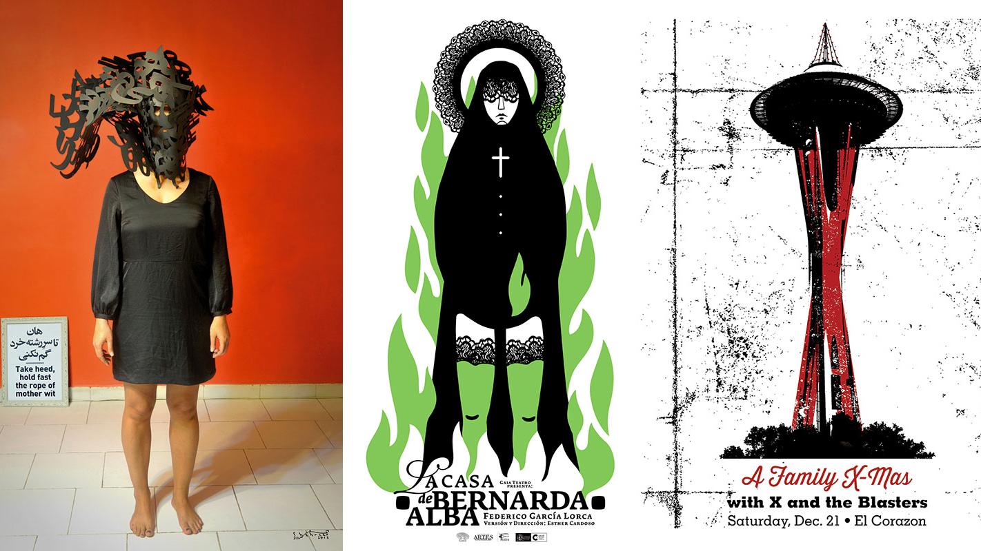 A triple of posters from left to right: “Take Heed, Hold Fast the Rope of Mother Wit” by Shahrzad Changalvaee (Tehran); “La Casa de Bernarda Alba” by Darwin Fornés (Havana); “A Family X-Mas” by David Gallo (Seattle).