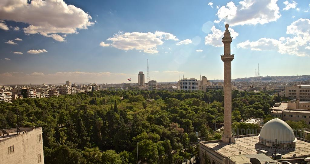 View of Aleppo’s public park from a rooftop. Many buildings in the background have been damaged or destroyed.