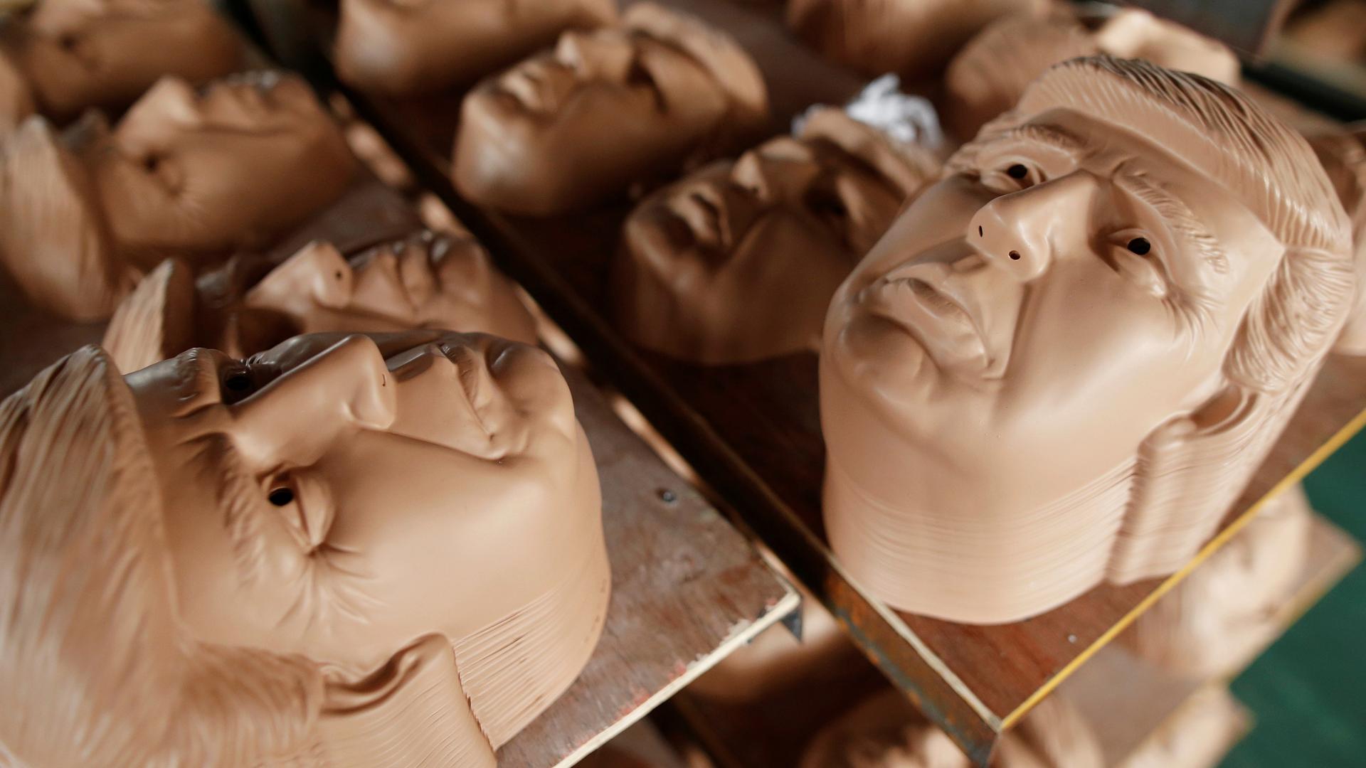 Donald Trump masks in a Latex Art and Crafts Factory in Jinhua, Zhejiang Province, China. If Trump is elected president, he'd like to put a 45 percent tax on these masks, and other products, imported to the US.