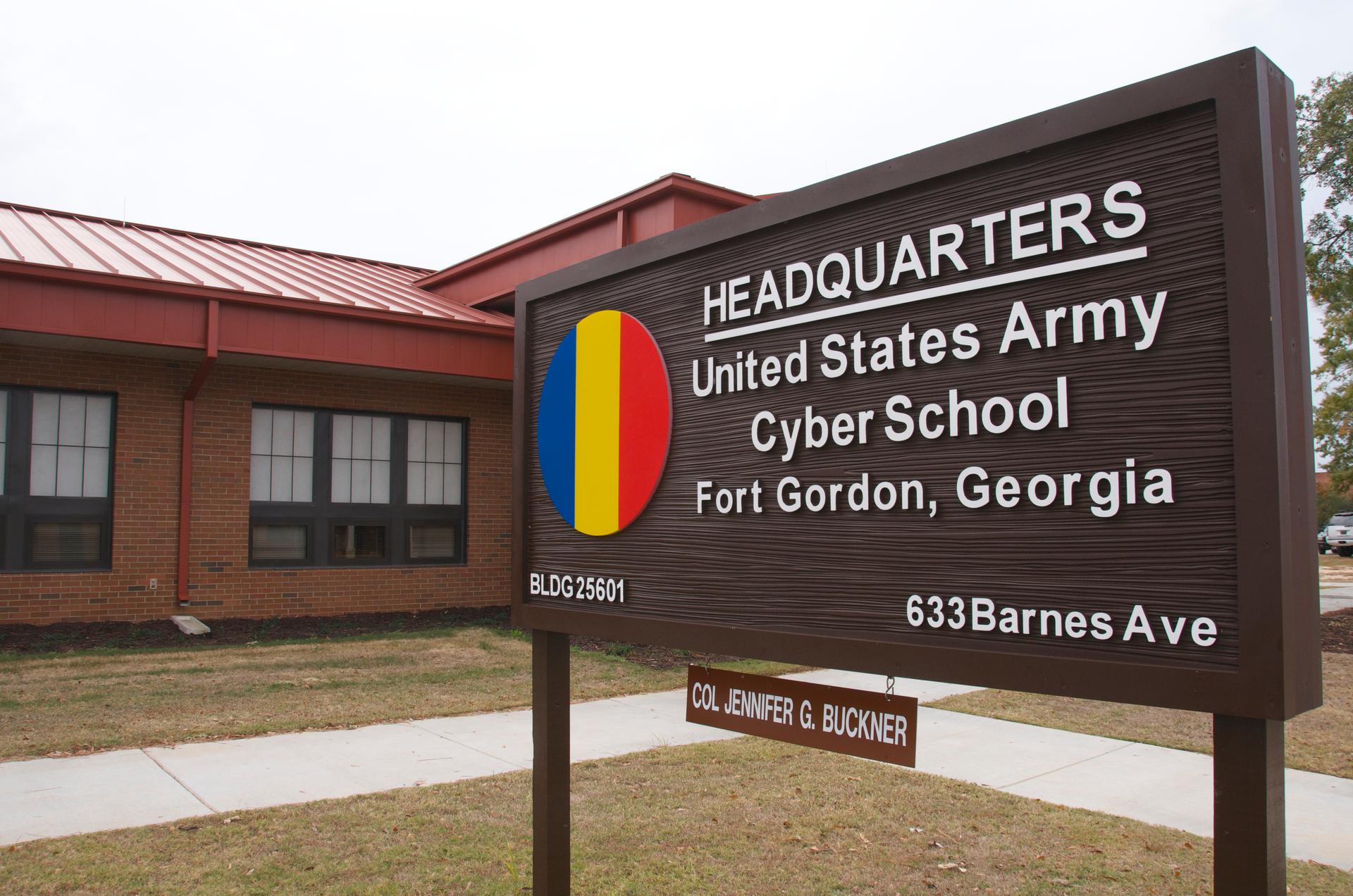 The sign outside the headquarters of the US Army's new Cyber School at Fort Gordon, Georgia. The school is part of the Army's creation of a new cyberwarfare branch.