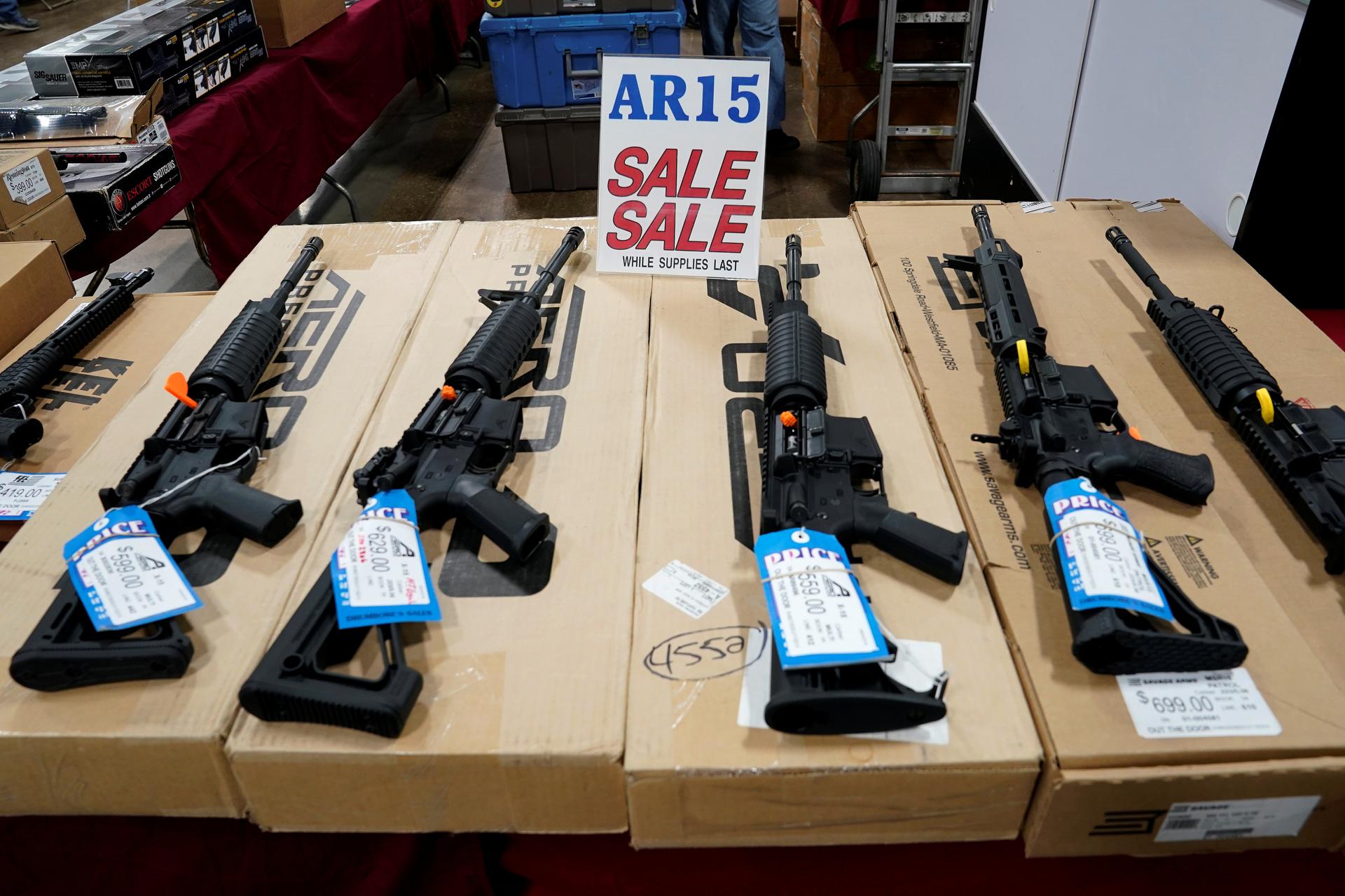 AR-15 rifles are displayed for sale at the Guntoberfest gun show in Oaks, Pennsylvania, October 6, 2017.