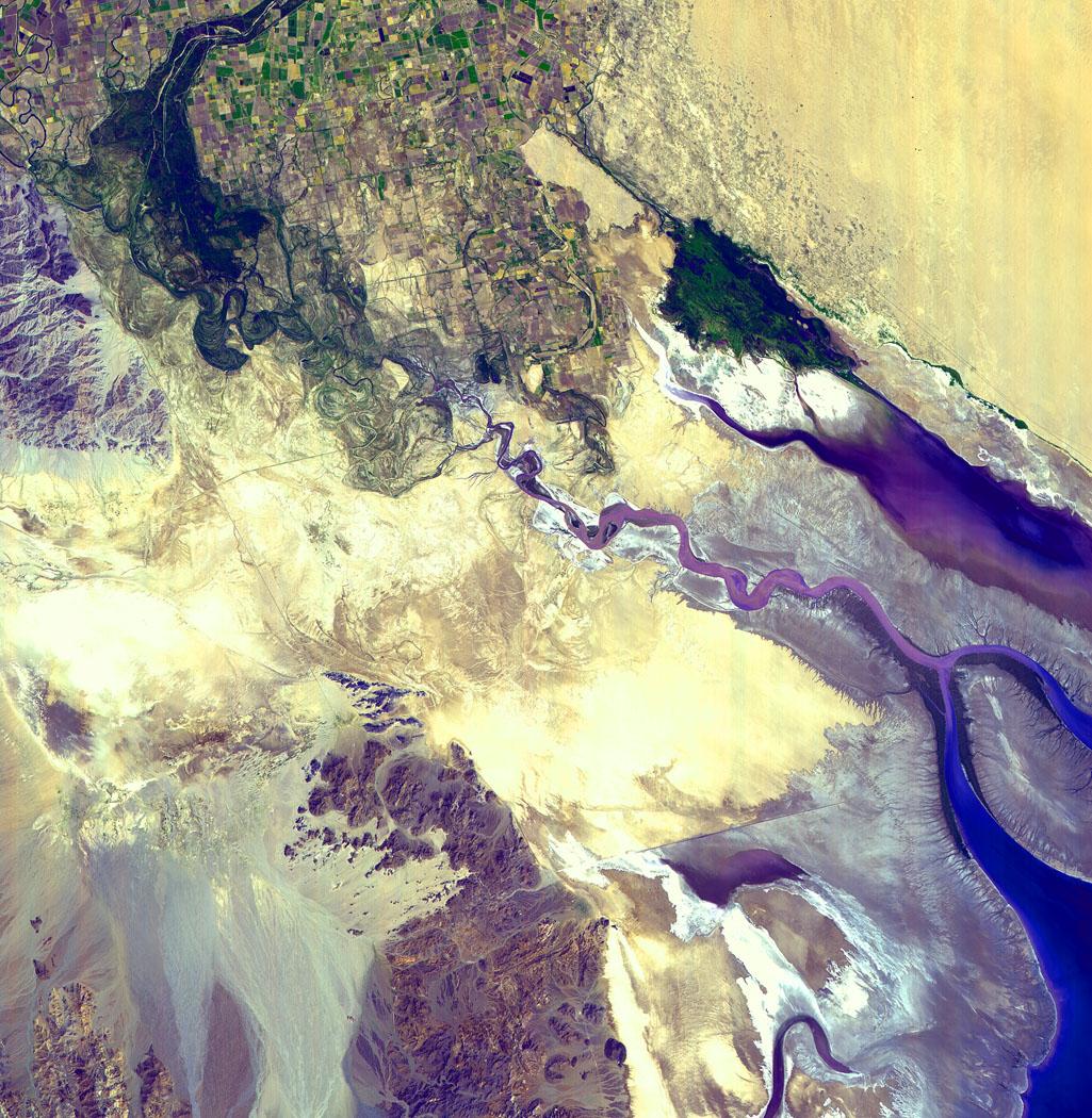 Colorado River Delta taken by the Spaceborne Thermal Emission and Reflection Radiometer (ASTER), flying aboard the Terra spacecraft, irrigation and urban sprawl now prevent the river from reaching its final destination.