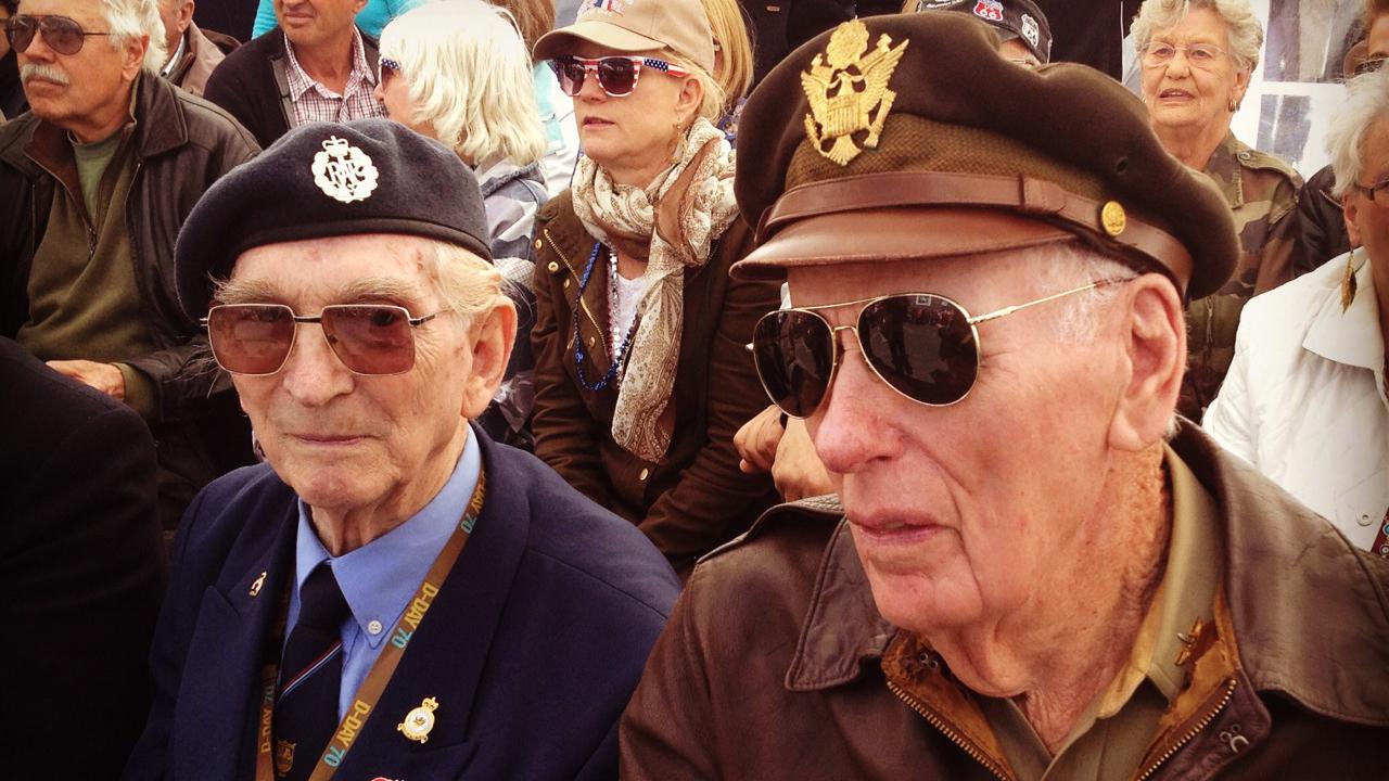 British veteran Leslie Dobinson (left) and American veteran James Kunkle in La Cambe share their memories of the 1944 Normandy landings and the days that followed.