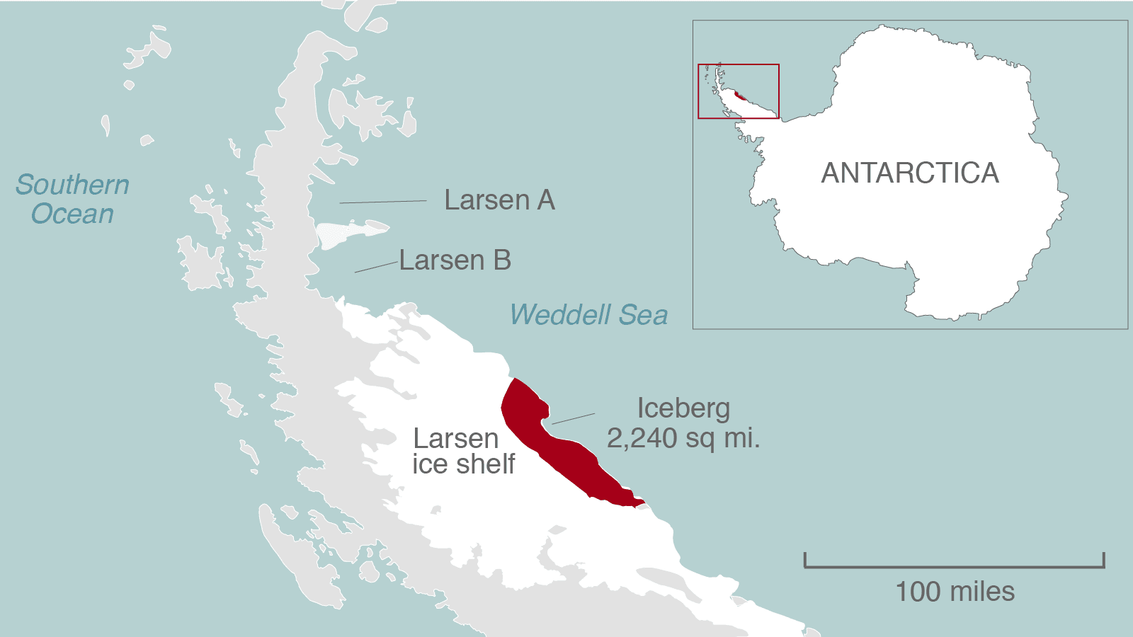 A map of Antarctica shows where the Larsen C ice shelf has broken, creating one of the largest icebergs ever since observation began. The iceberg is roughly the size of Delaware.