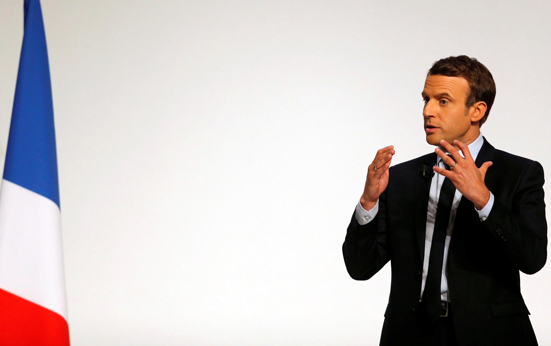 Emmanuel Macron, head of the political movement En Marche!, or Onwards!, and a candidate for the 2017 presidential election, attends a campaign rally in Chatellerault, France, April 28, 2017.