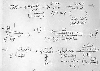 This hand-drawn diagram for the route from Turkey to Germany was recently posted on the Facebook page of one of Abdul-Ahad's Kurdish friends in Sulaymaniyah, Iraq.