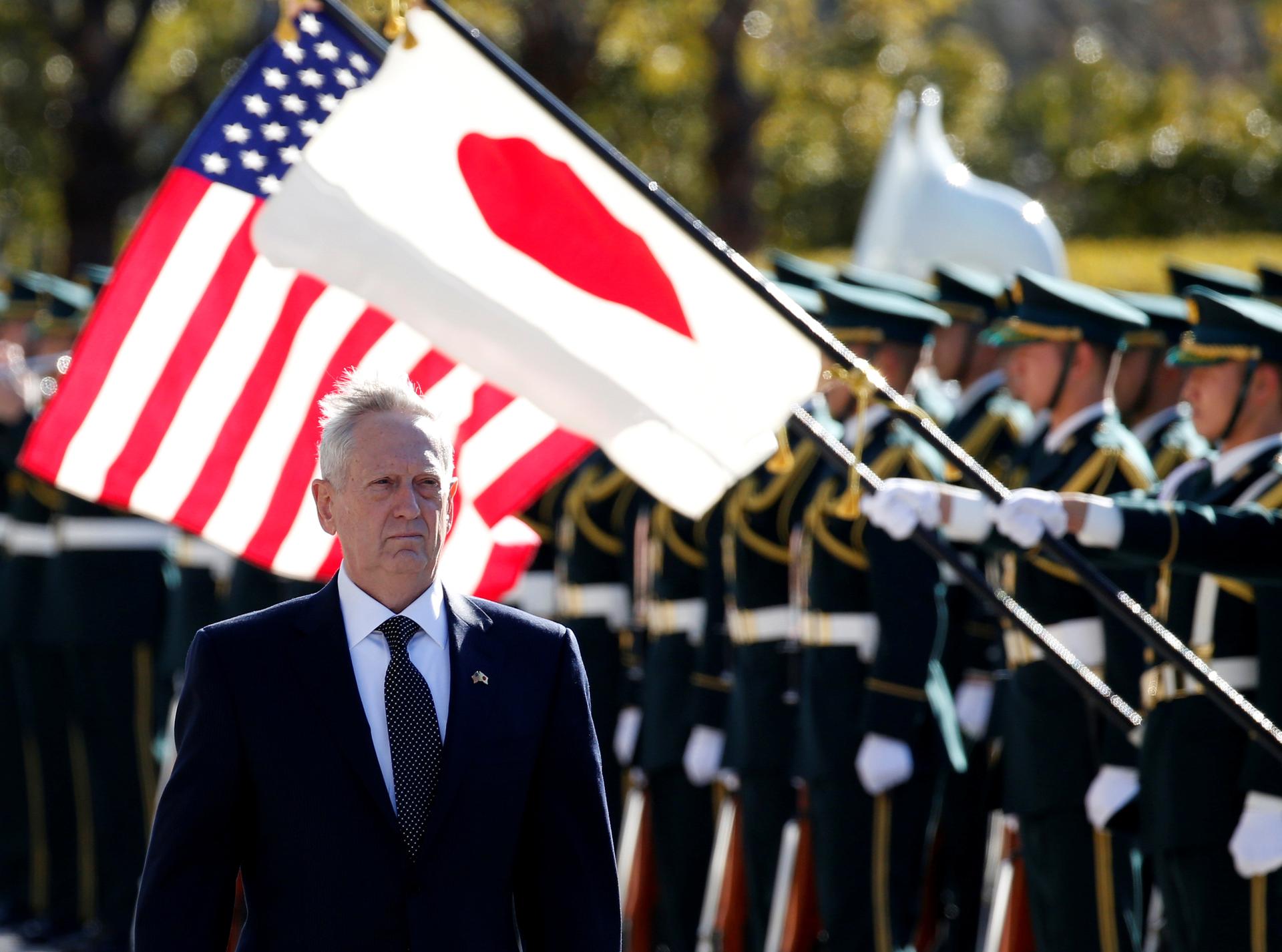 US Defense Secretary Jim Mattis reviews the honor guard