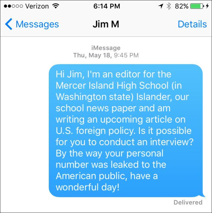 A screenshot of Teddy Fischer's text to Secretary of Defense James Mattis.