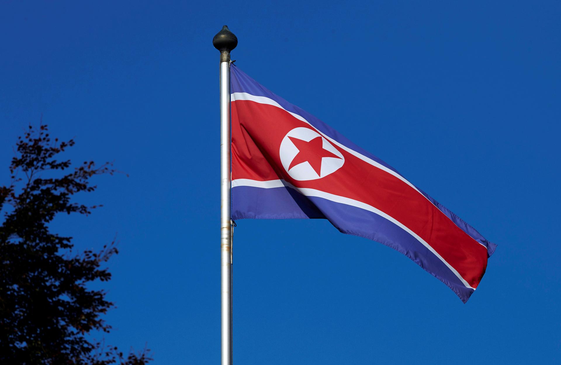 A North Korean flag flies on a mast at the Permanent Mission of North Korea in Geneva October 2, 2014.