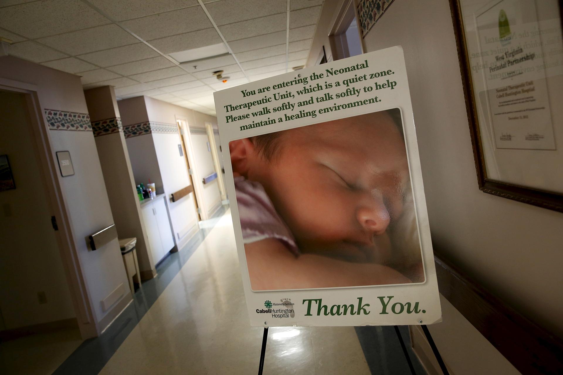 A sign marks the entrance to the Neonatal Therapeutic Unit at Cabell Huntington Hospital