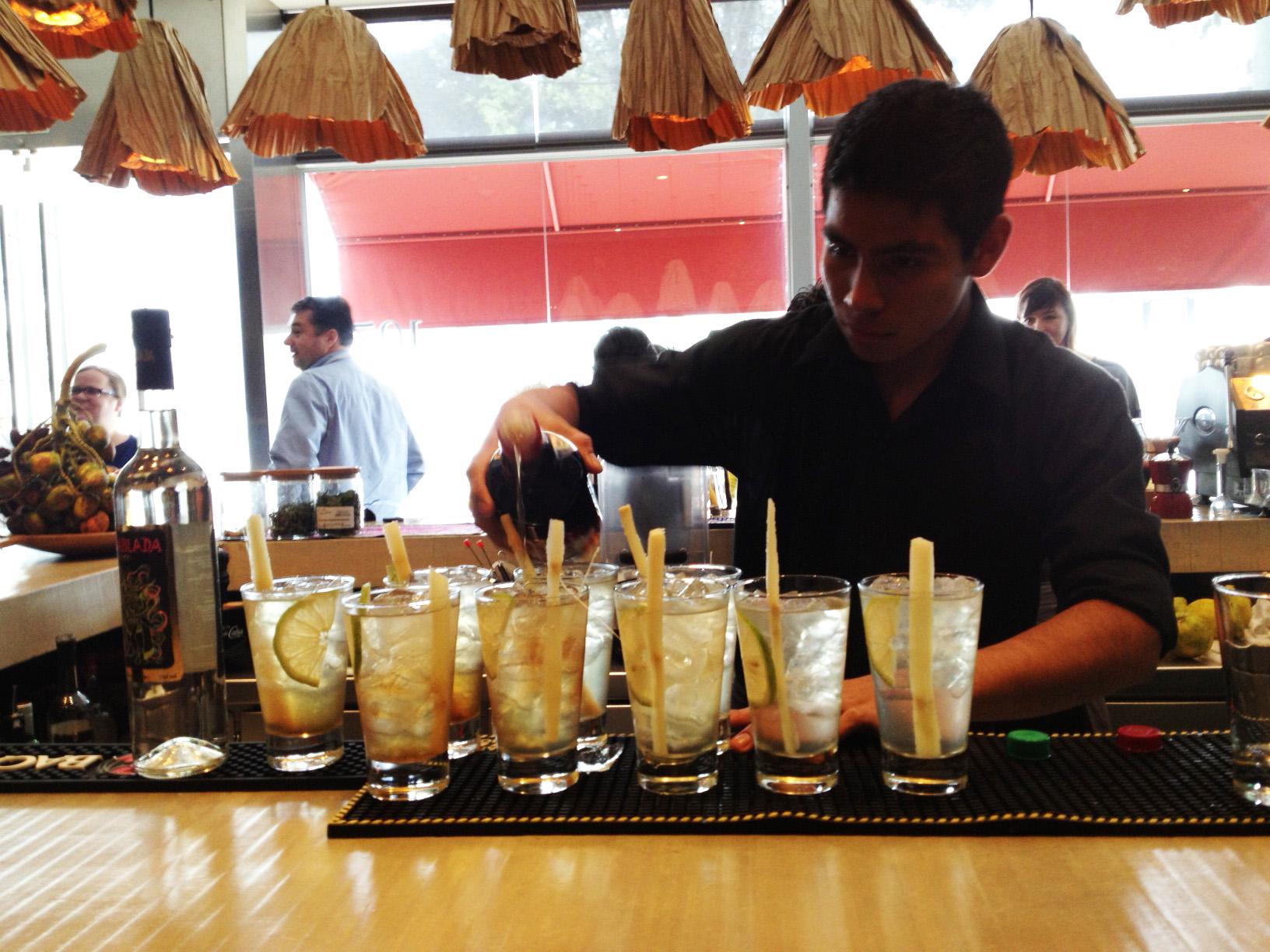 A bartender at a Lima restaurant whips up one of Peru's signature pisco cocktails