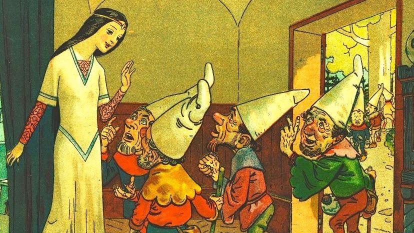 Illustration from a 1905 edition of "Grimms' Fairy Tales. The dwarfs warn Snow White not to accept anything from strangers. (Illustration: Franz Jüttner )