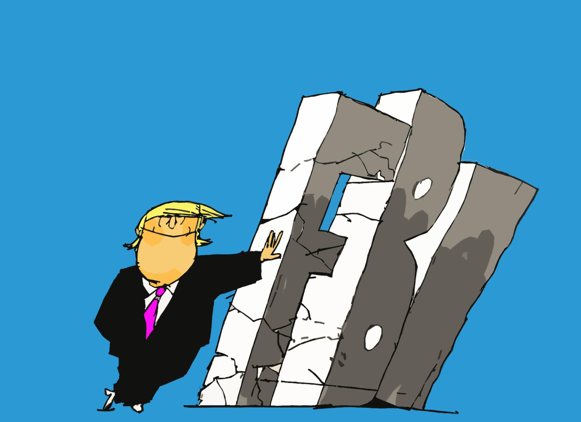 cartoon showing Trump kicking down the FBI