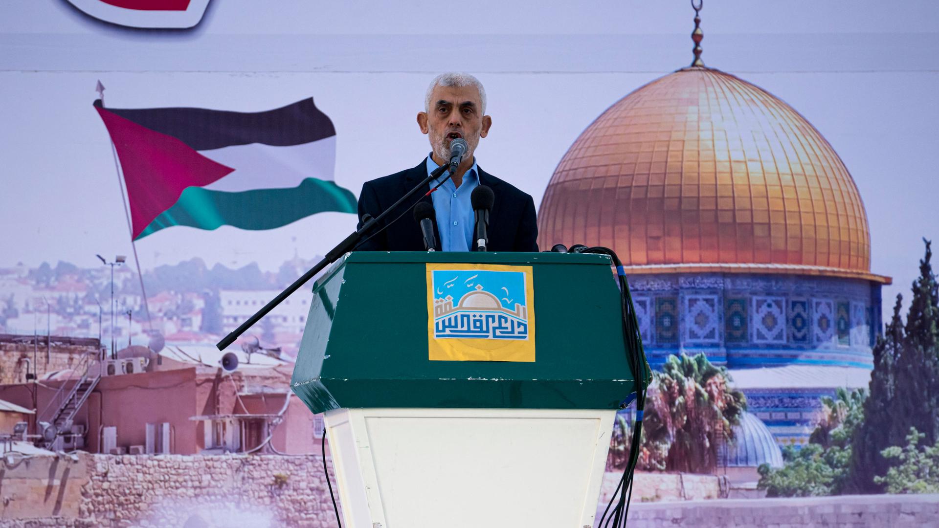 Yahya Sinwar, head of Hamas in Gaza, delivers a speech during a rally marking "Jerusalem Day," or Al-Quds Day, an annual celebration to support Palestinians in the holy city, at a soccer filed in Gaza City, Friday, April 14, 2023.