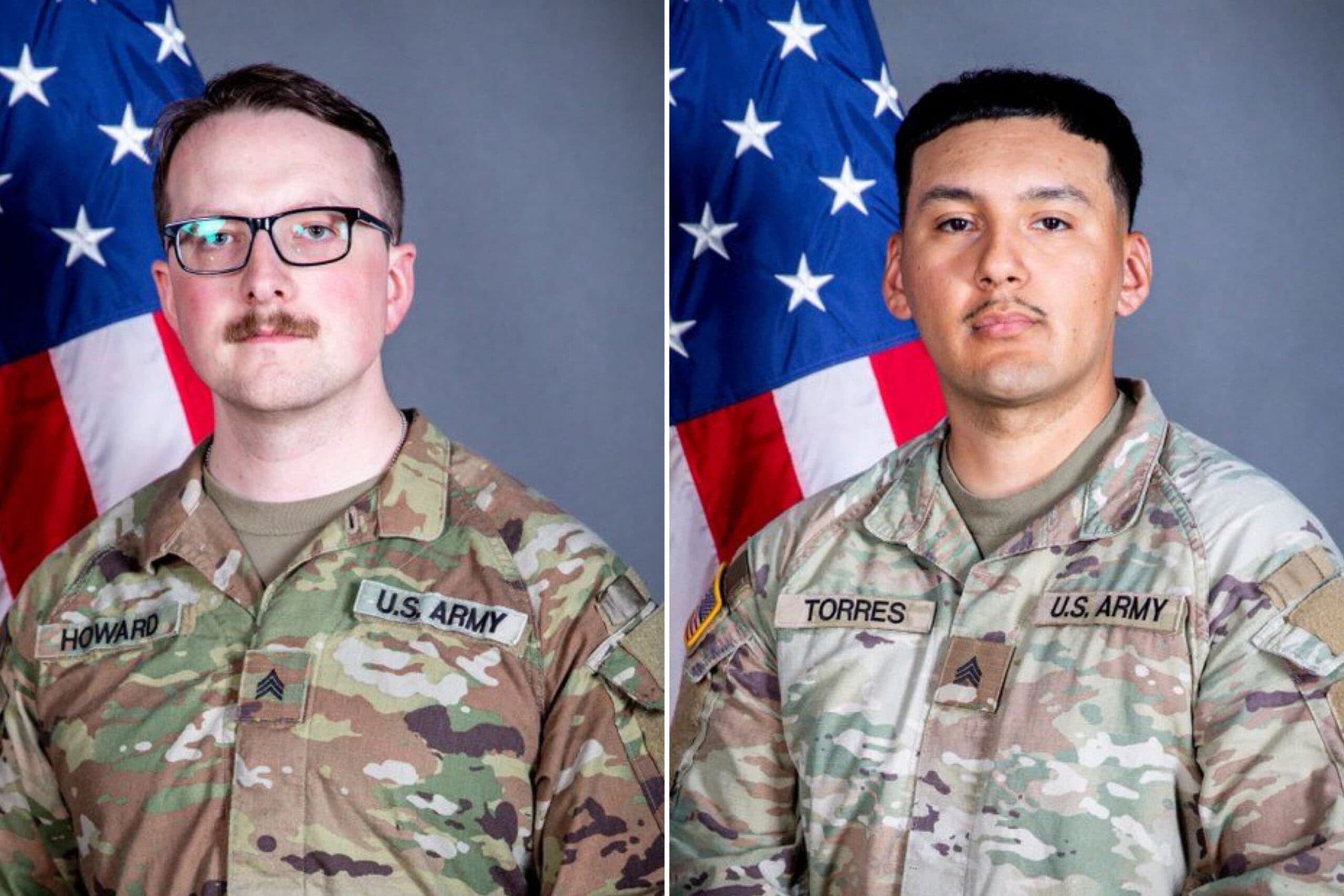 Two US Army soldiers in uniform stand in front of an American flag; each is shown in a separate profile image against a neutral background.