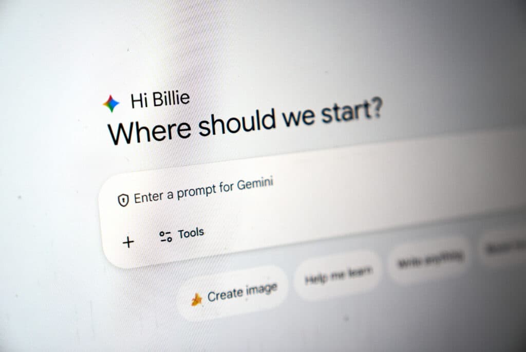 A computer screen displaying "Hi Billie, Where should we start?" with an input field below for entering a prompt for Gemini.