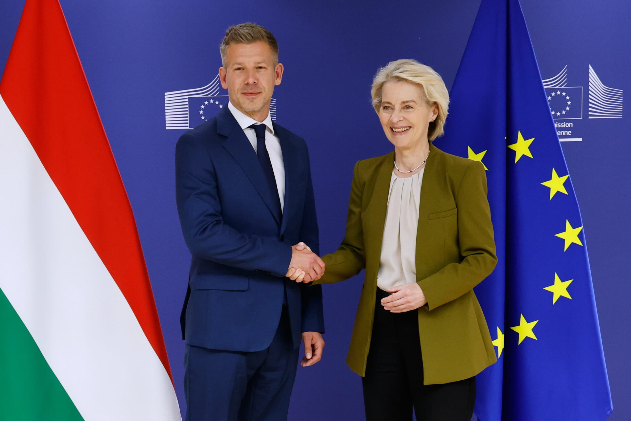 Two people in formal attire shaking hands, standing between the Hungarian and European Union flags.