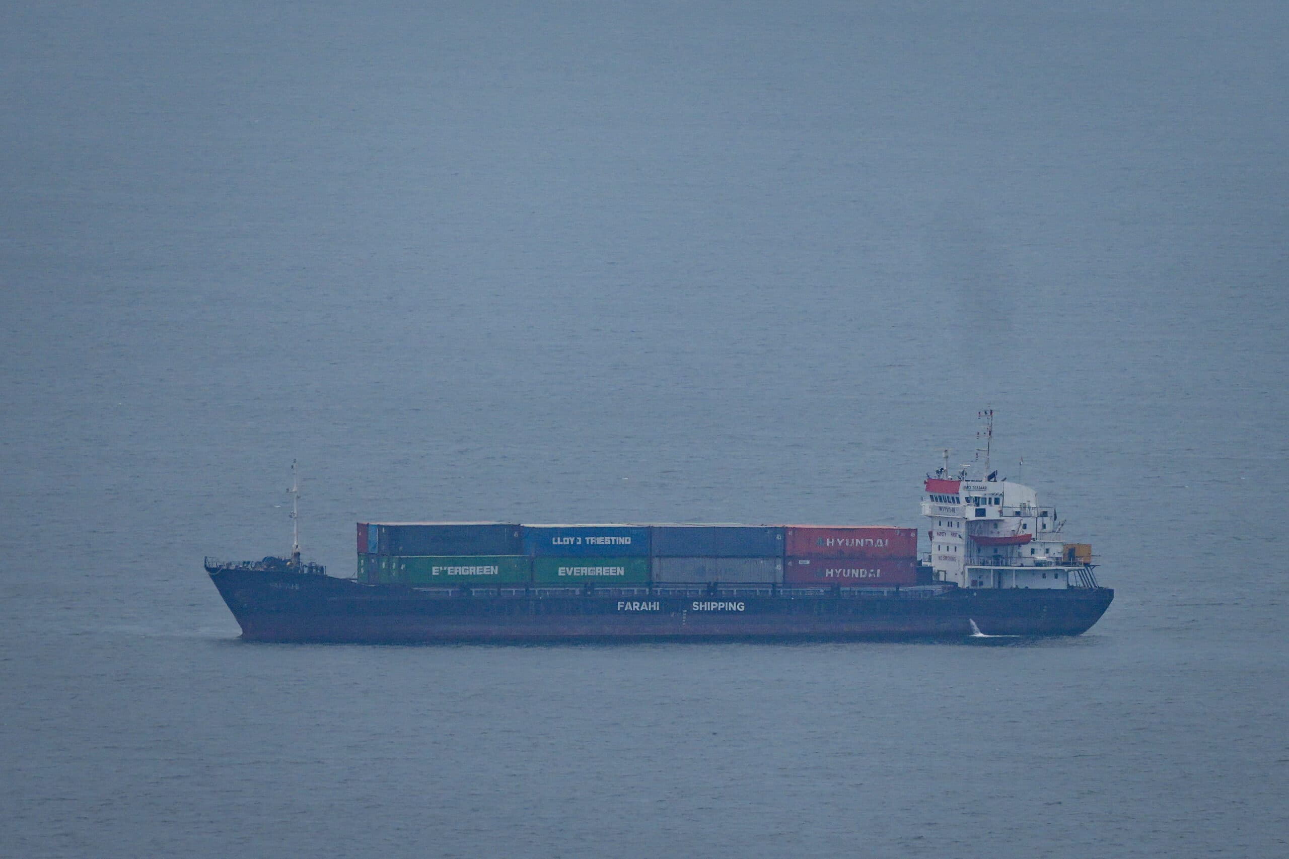 A cargo ship labeled "Fabian Shipping" carrying stacked shipping containers on a calm sea.