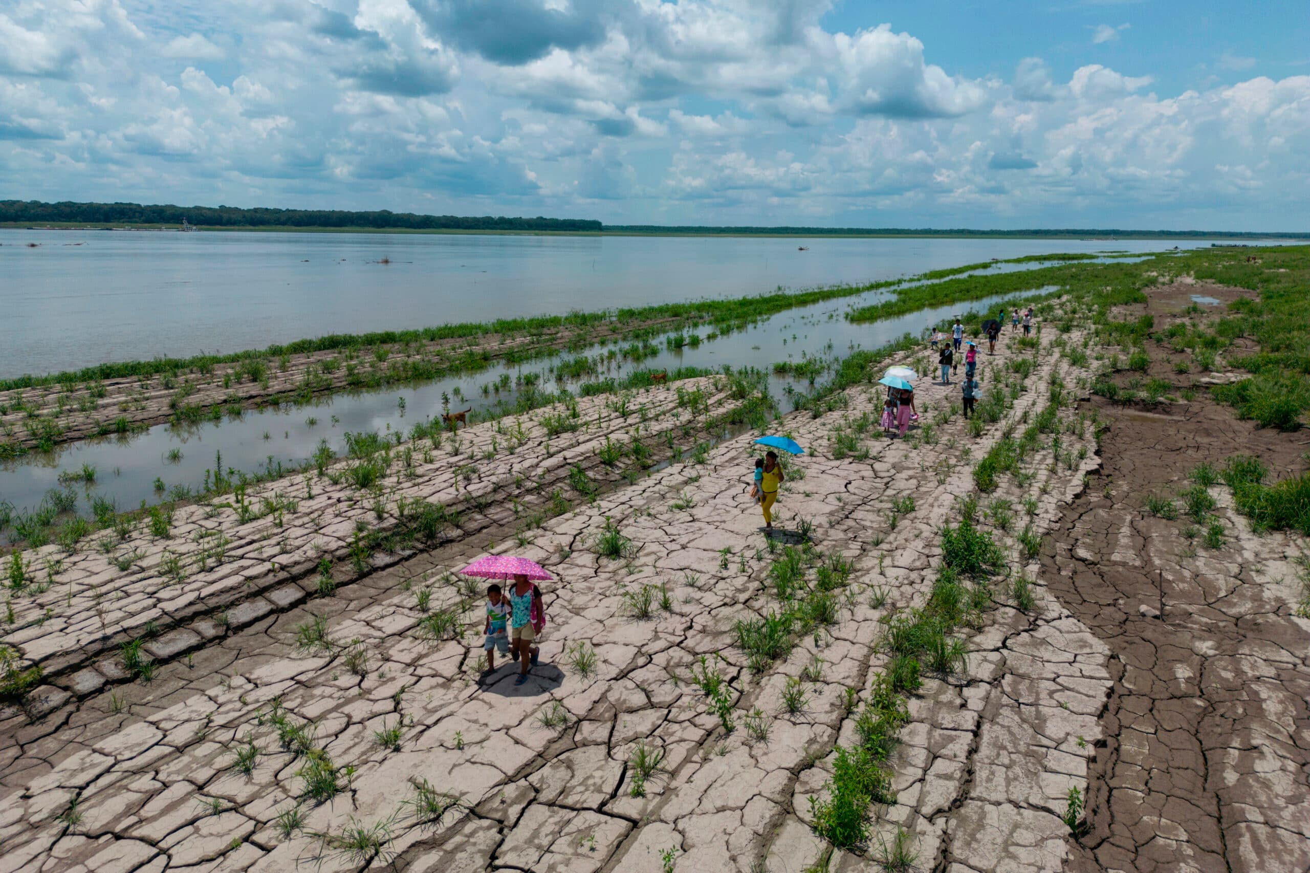 People with umbrellas walk along a cracked, dry riverbed with patches of grass near a large river under a cloudy sky.