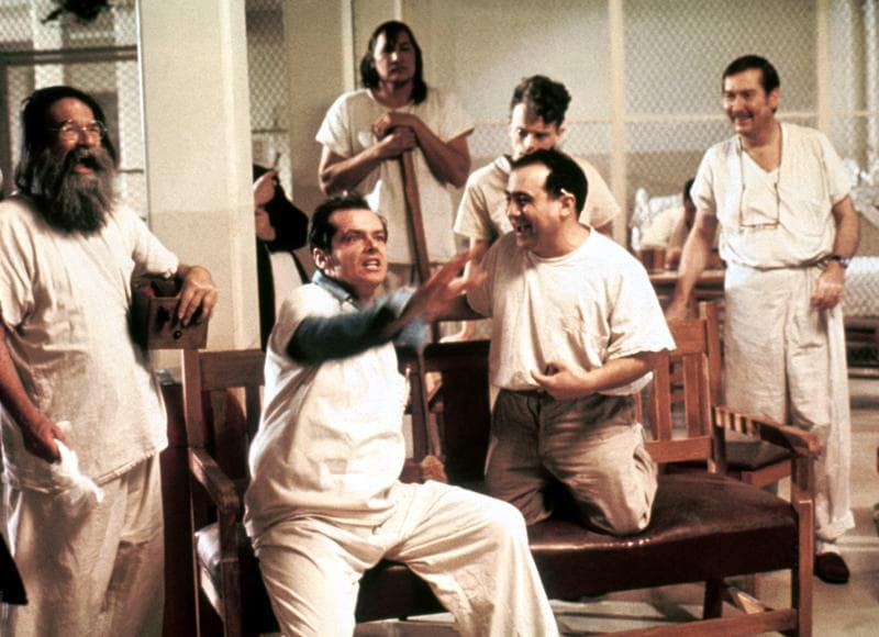 Jack Nicholson as R.P. McMurphy, a new patient in the Oregon State Mental Hospital.