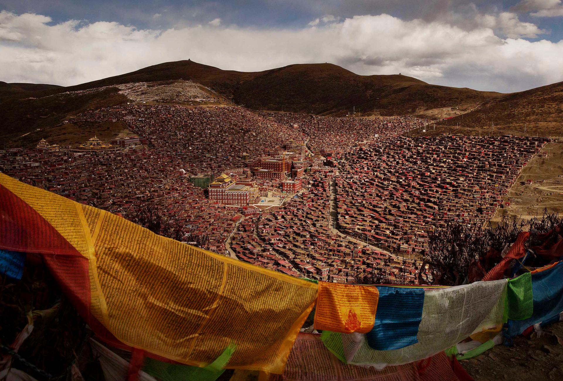 Tibetan prayer flags, known as Lung-ta, on a hillside in the Larung Valley of Sertar County, Garze Tibetan Autonomous Prefecture, Sichuan province, China, 30 October 2015.