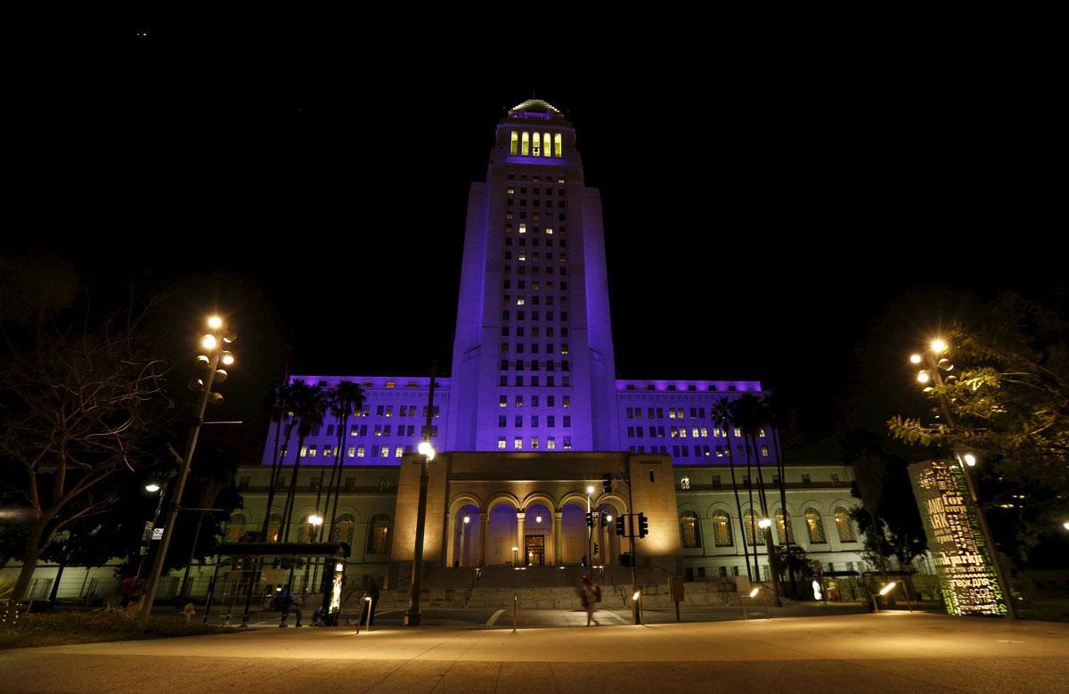 Los Angeles City Hall is illuminated in purple in remembrance of the late singer Prince.