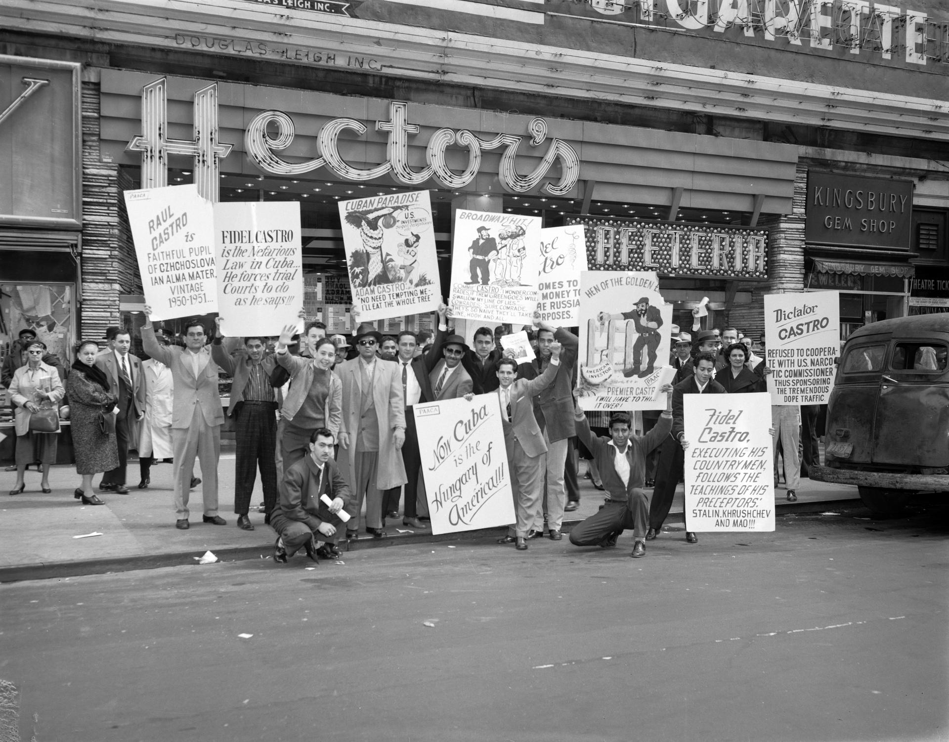 April 1959 - New York City, NY - A crowd of Anti-Castro protesters line Broadway in Manhattan during Fidel Castro's visit.