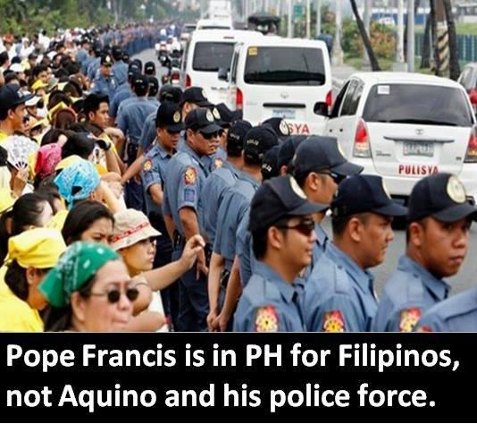 A graphic from Kilusang Mayo Uno, a Phillipine labor movement, criticizes the heavy deployment of police during the Pope's visit.