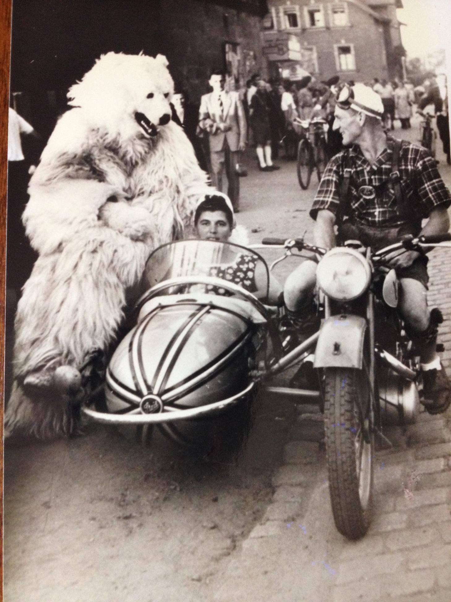 A polar bear sits in a sidecar with Facebook reader Nancy Skoyles Greenberg's great aunt