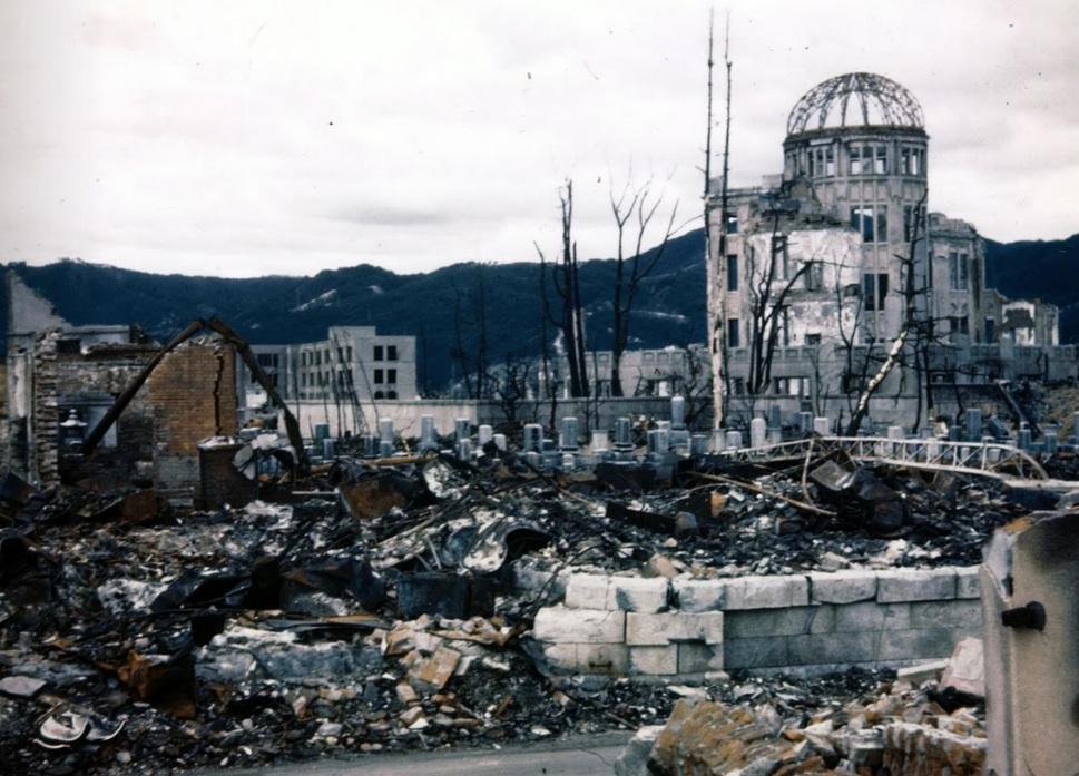 The gutted Hiroshima Prefectural Industrial Promotion Hall is seen after the bombing. November, 1945.