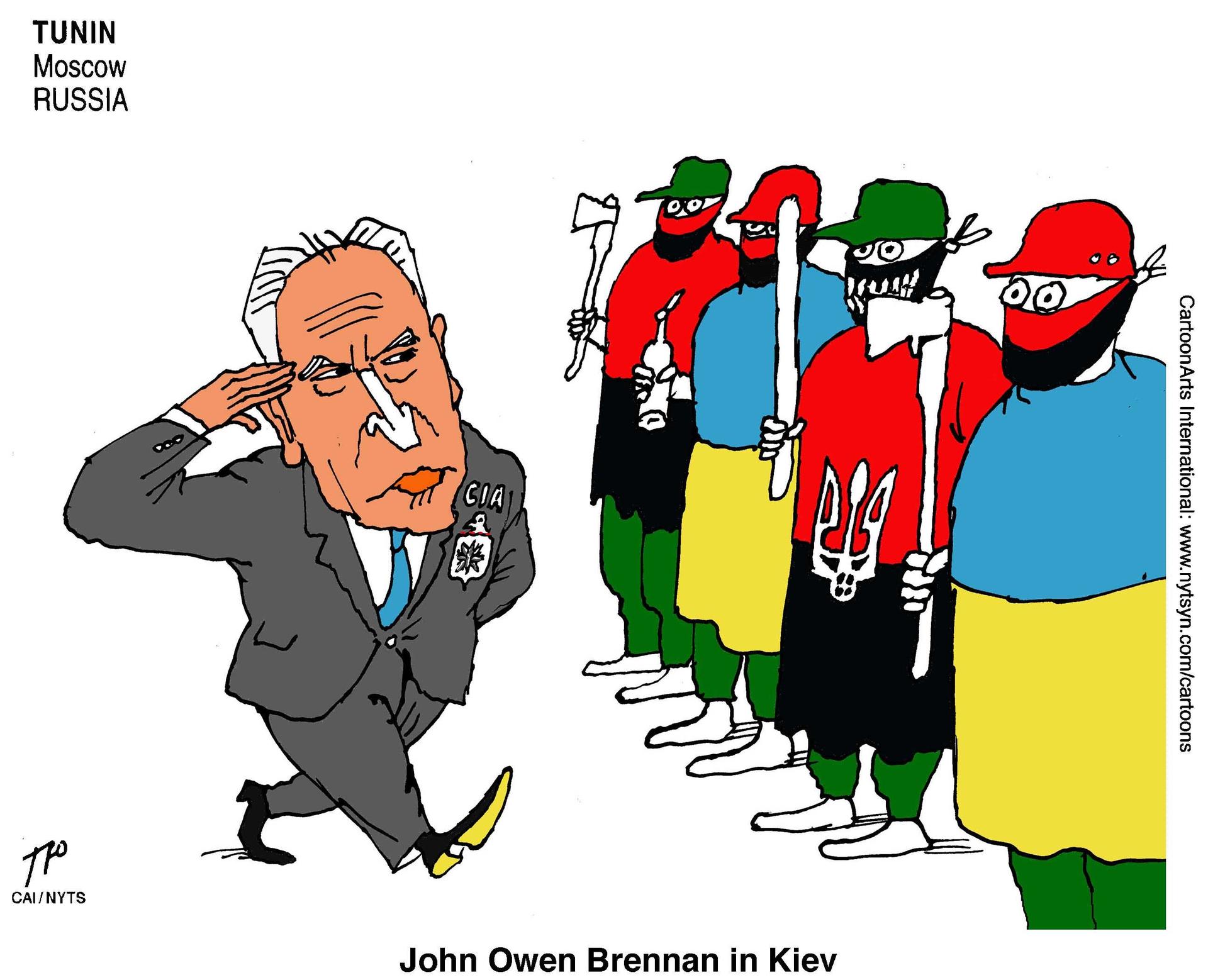 The White house confirmed that CIA chief John Brennan visited Kiev last weekend. Russian cartoonist Sergei Tunin shows him checking out Ukraine's defenders.