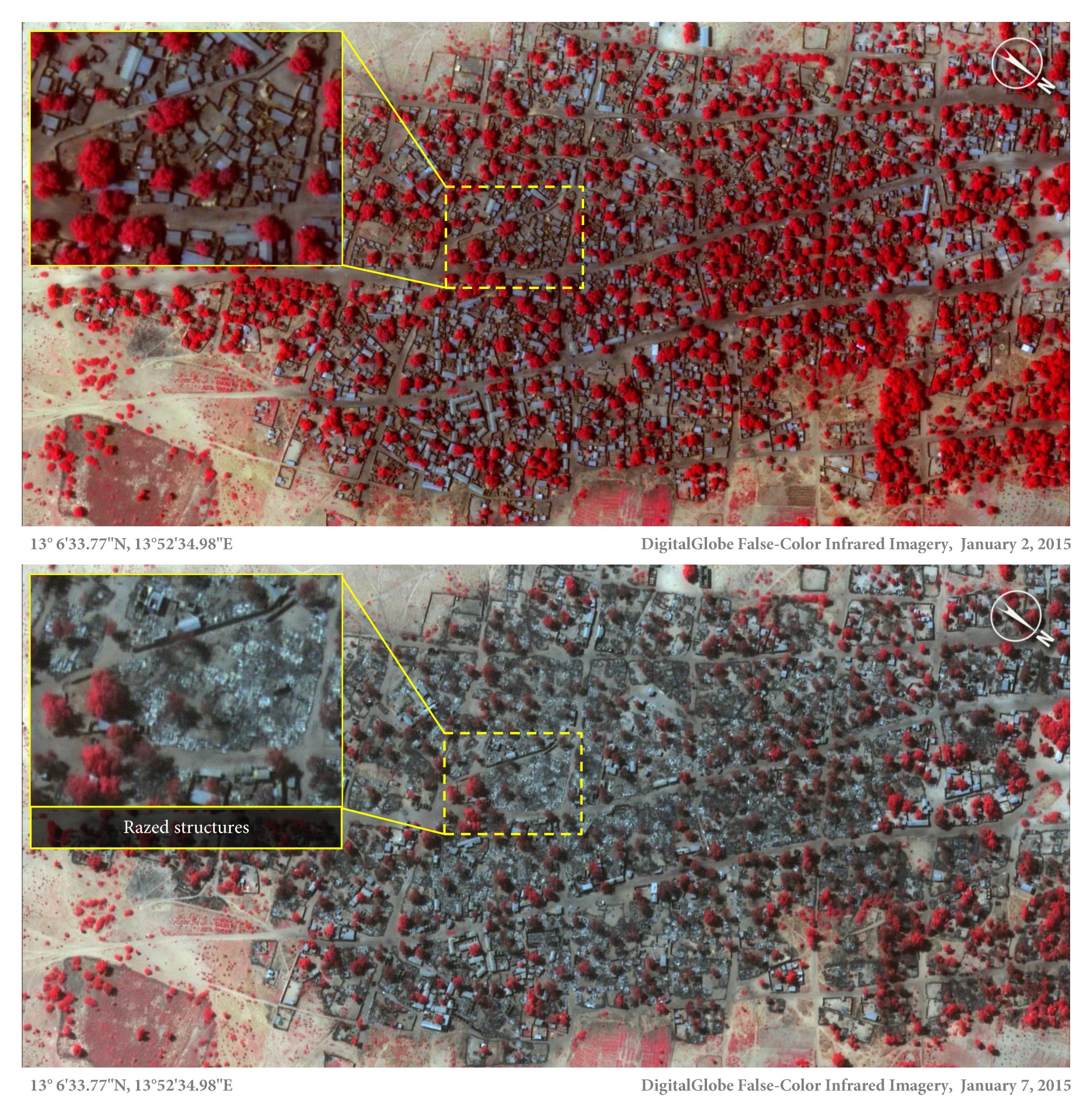 Satellite image showing the extent of damage in Doron Baga taken on January 7, 2015, following an attack by Boko Haram.