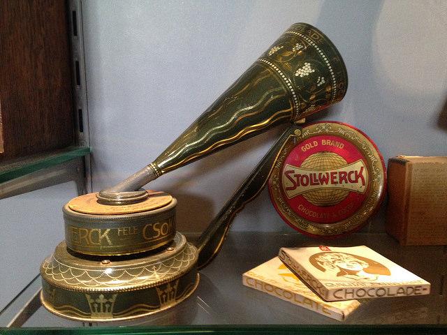 A Stollwerck toy phonograph, with chocolate recordd, circa 1903.