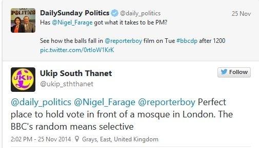 A screengrab of the tweet in which the UK Independence Party's affliate in South Thanet accused the BBC of asking passers-by about Nigel Farage in front of a mosque. The tweet was later deleted.