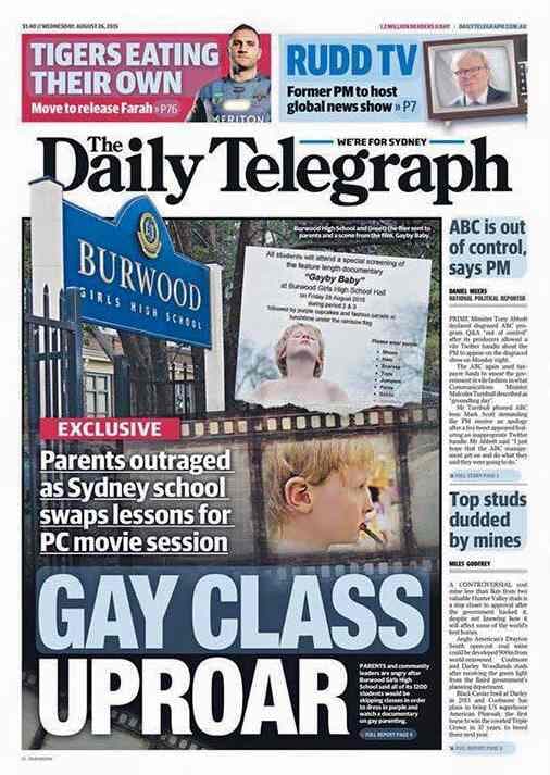 The cover of the Daily Telegraph in Australia, with a headline that reads