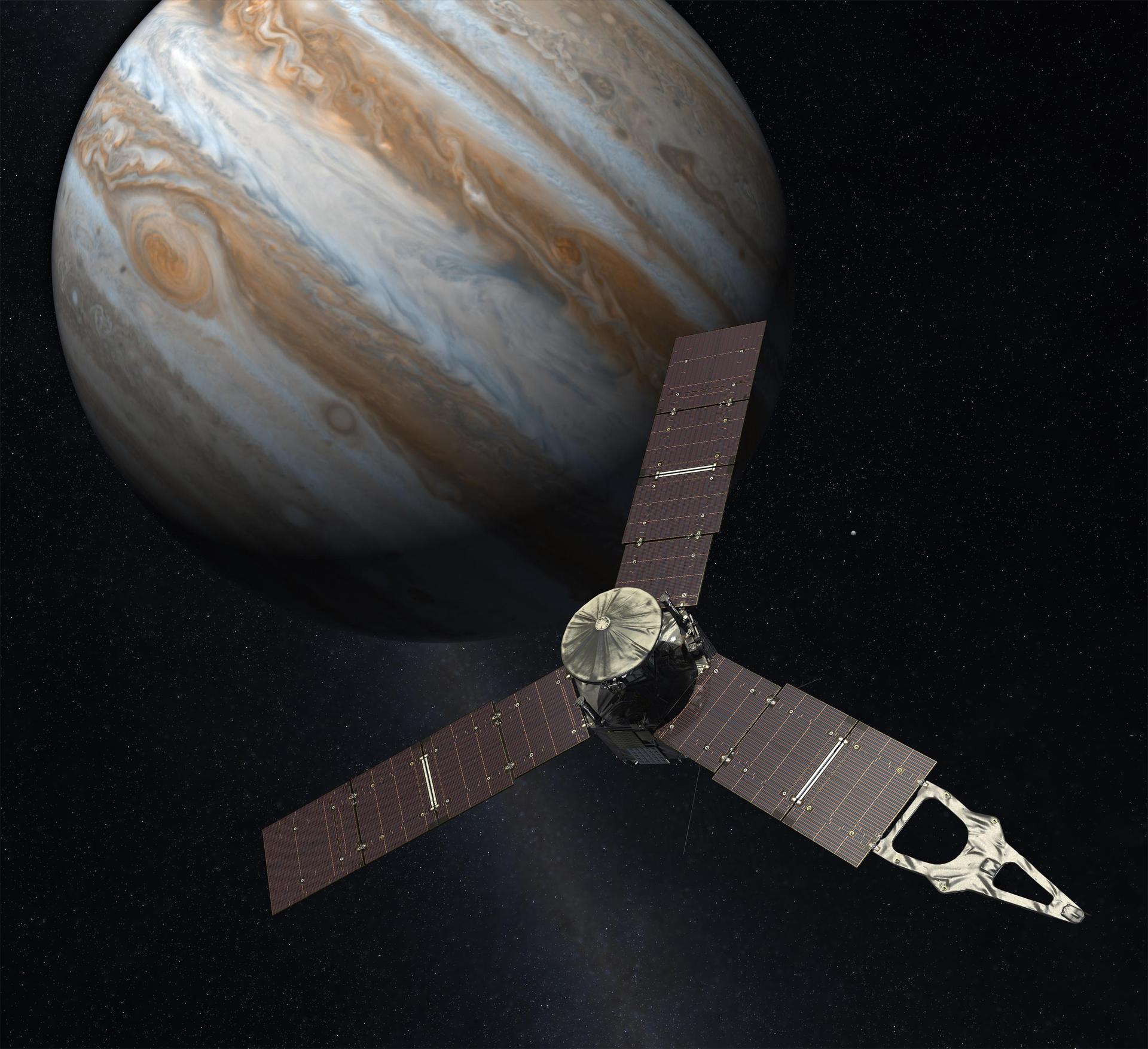 An artist’s rendering of Juno approaching Jupiter. Credit: NASA/JPL-Caltech