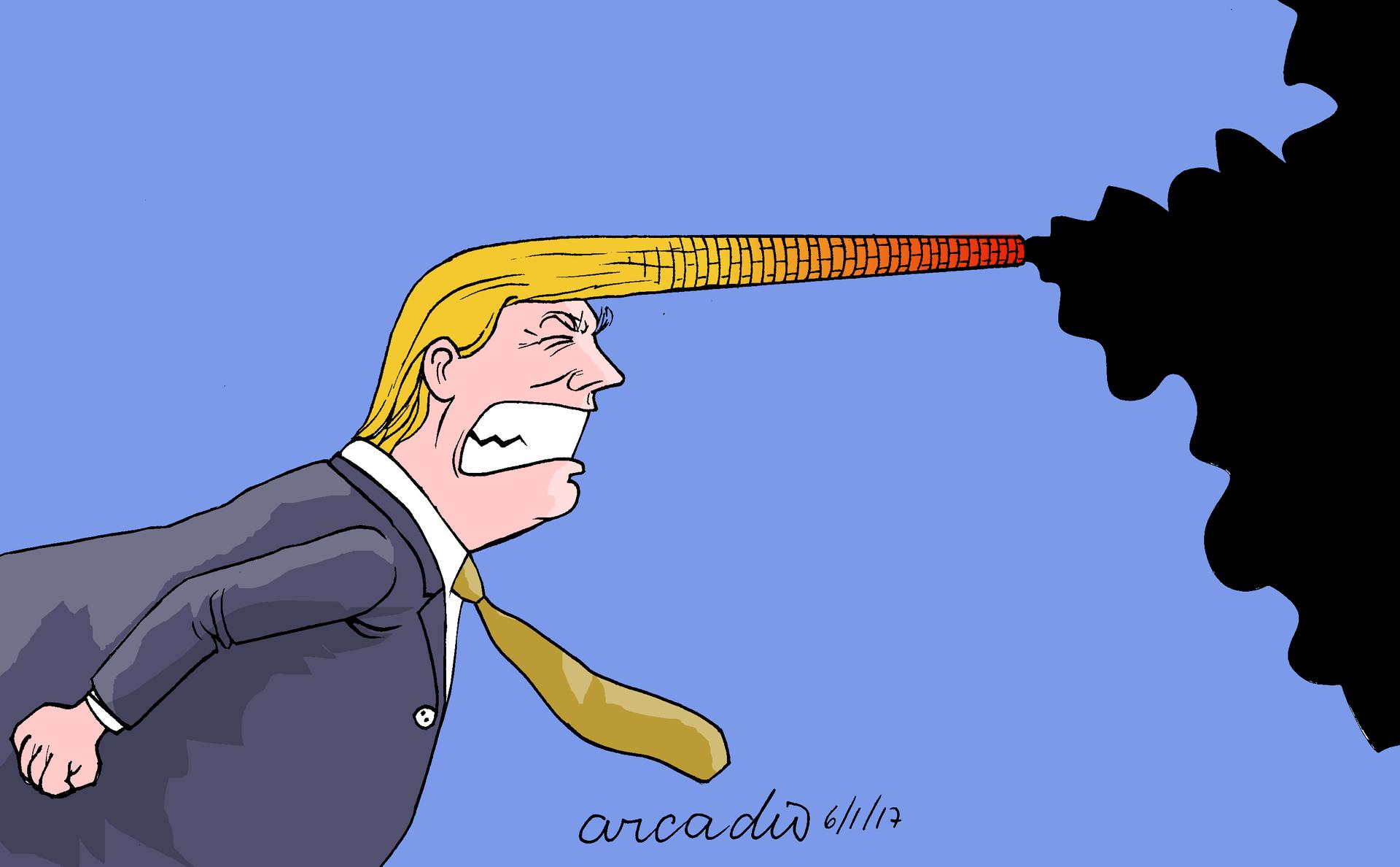Cartoon of Trump's hair forming smoke stack and blowing out dirty air