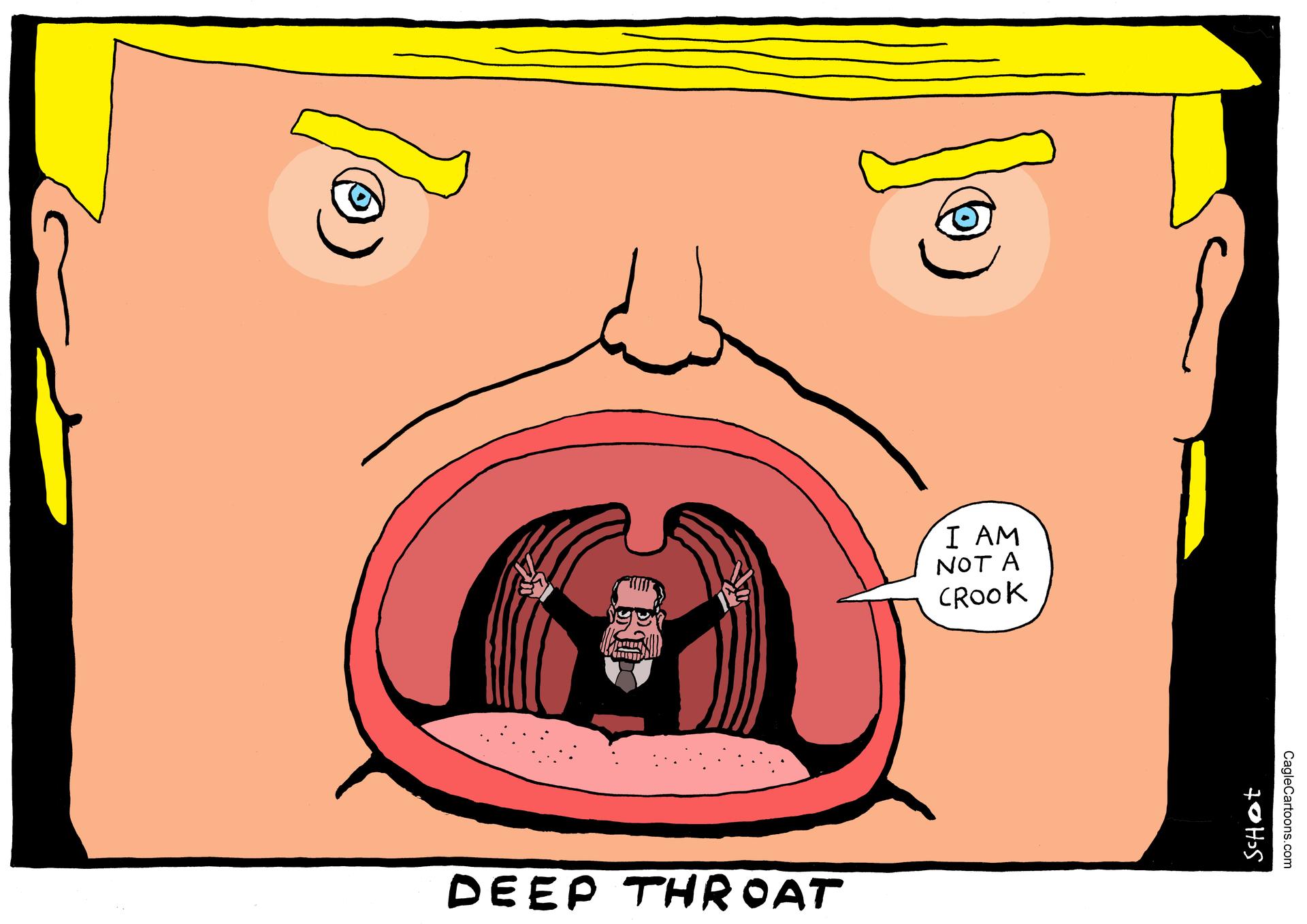 A cartoon showing a big fat Trump face with his big mouth wide open and Nixon inside