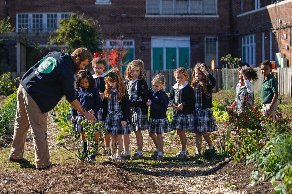 Master gardener, Zach O'Donnell, shows a class of second graders from Academy of the Sacred Heart and Samuel Green Charter School flowers in Green Charter School's Edible Schoolyard in New Orleans.