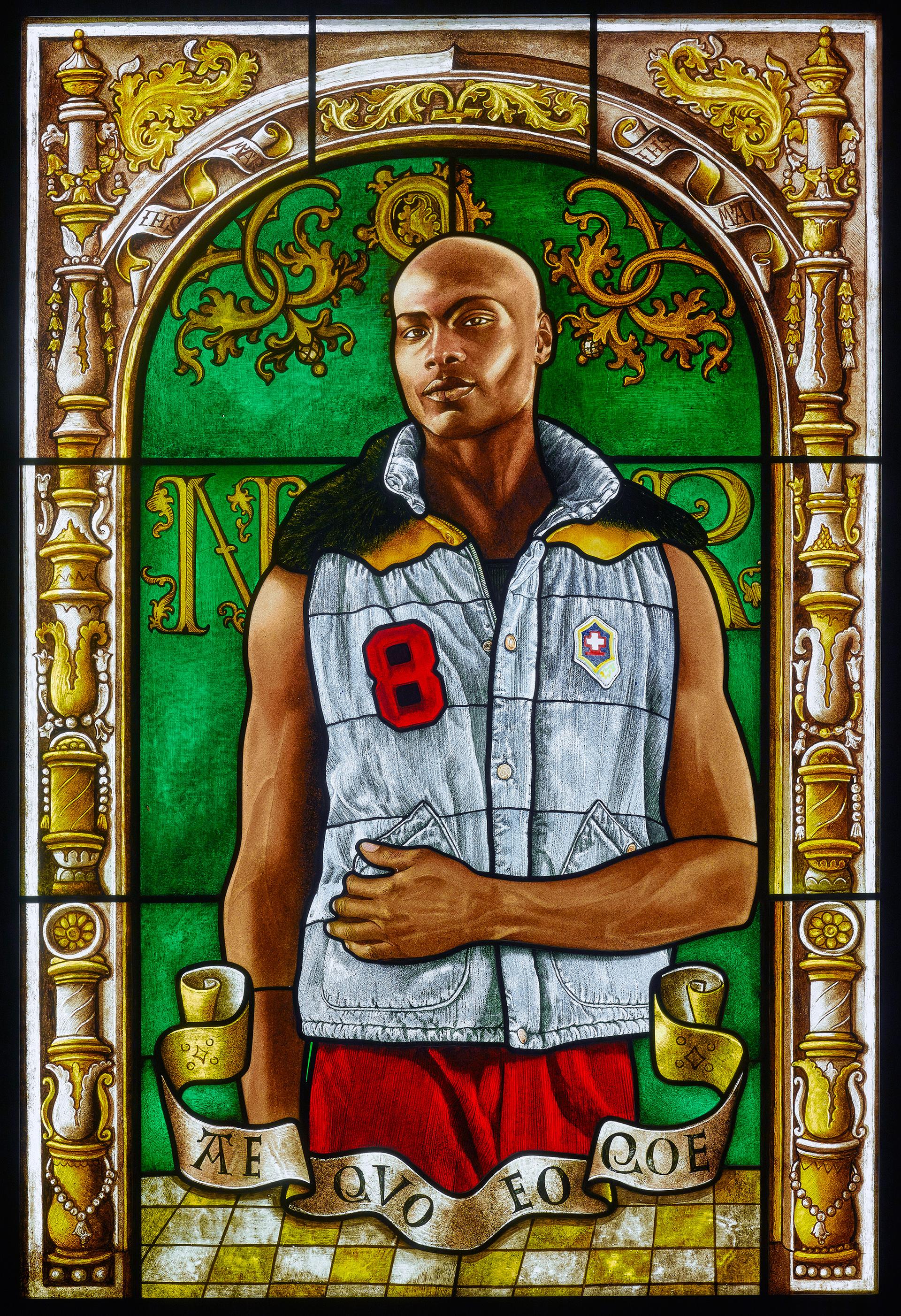 Arms of Nicolaas Ruterius, Bishop of Arras, stained glass portrait by Kehinde Wiley, 2014