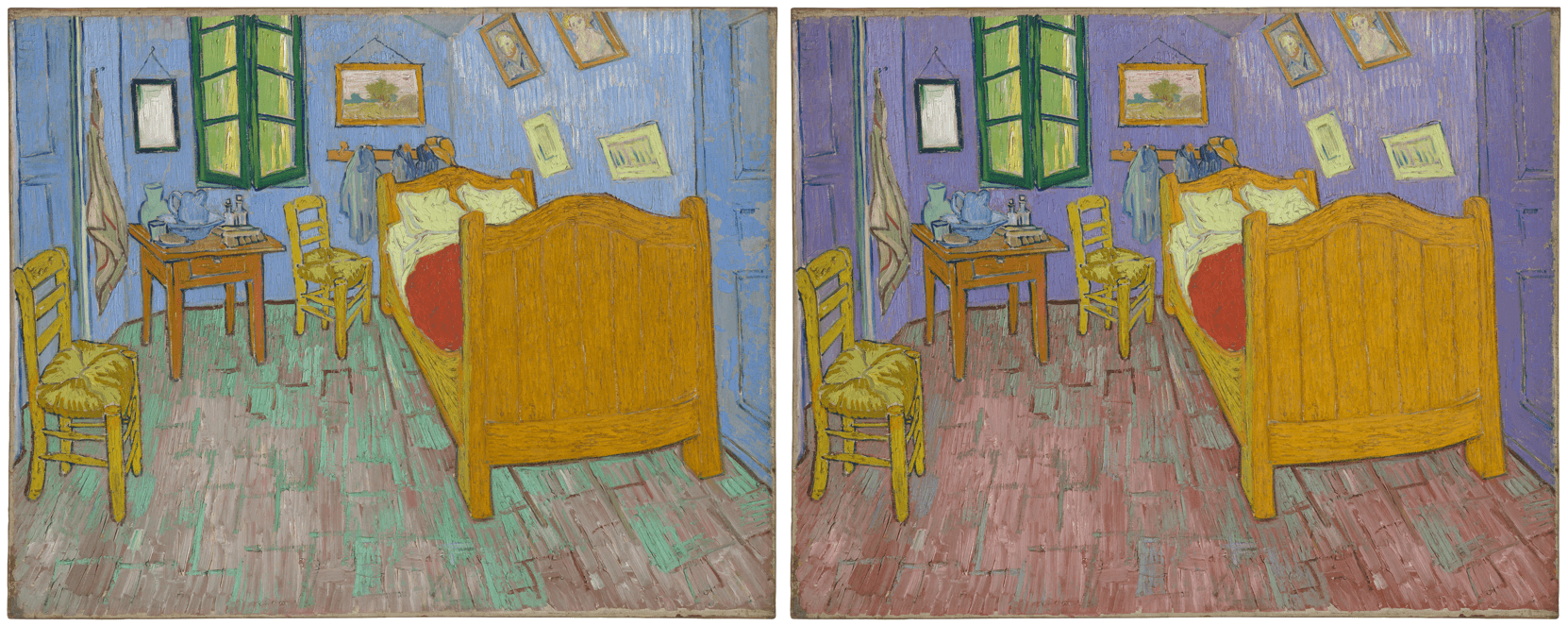 On the left, The Bedroom as seen in real life. On the right, a digital recolorized visualization.
