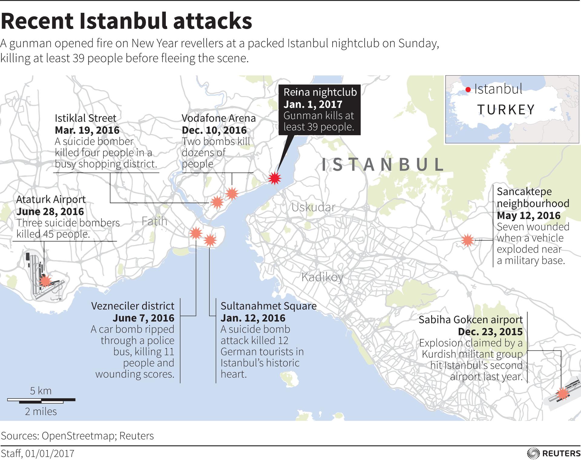 Map of Istanbul locating this year's deadly bomb attacks.